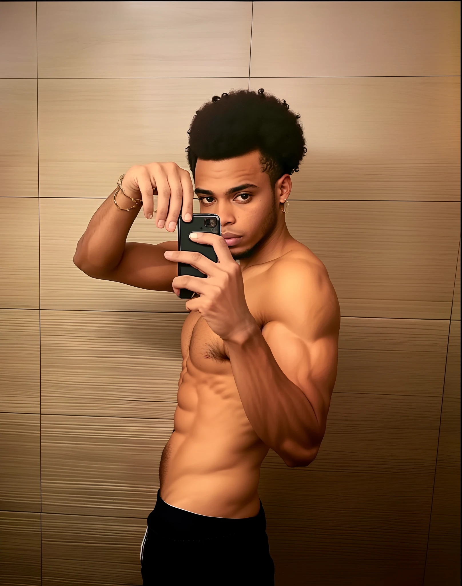 there is a man taking a selfie in the mirror, taken in the early 2020s, com afro, Photo adjustment, inspirado em Gerald Kelly, 2 3 anos, 21 anos, de um sem camisa, Jamie Reid, curls on top of his head, not shirt, 2 2 anos, Homem magro com pele bronzeada clara, acidentalmente tirar uma Selfie