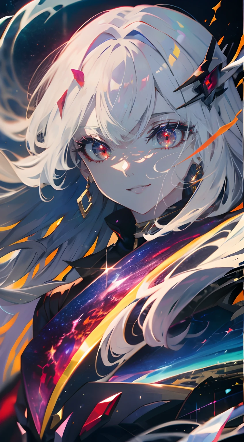 (simple hands:0.5)+(detailed hands:0.7), (masterwork), (best quality), white hair, red eyes,1girl, pale skin, white hair, red eyes, two tone hair, eyelashes, bracelet, jewelry, smile, gleaming skin, shiny hair, detailed and majestic stage, Fantasy, Long Hair, 1 girl, two-tone hair, night sky, Incredibly detailed CG illustration masterpiece, looking at you, anime, beautiful anime eyes, beautiful detailed eyes, eyes, glittering eyes, red eyes, galaxy, nebula, (full body), (curvy),