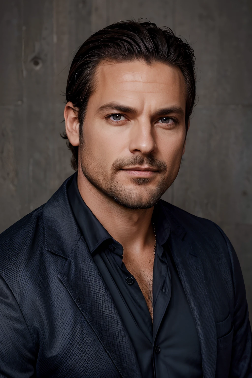 Portrait photo of a handsom man, 40 ans,cheveux courts bruns, Costume de velours noir, chemise noire,(((sans barbe:1.3))) et sans cravate , Dark blue backgroud