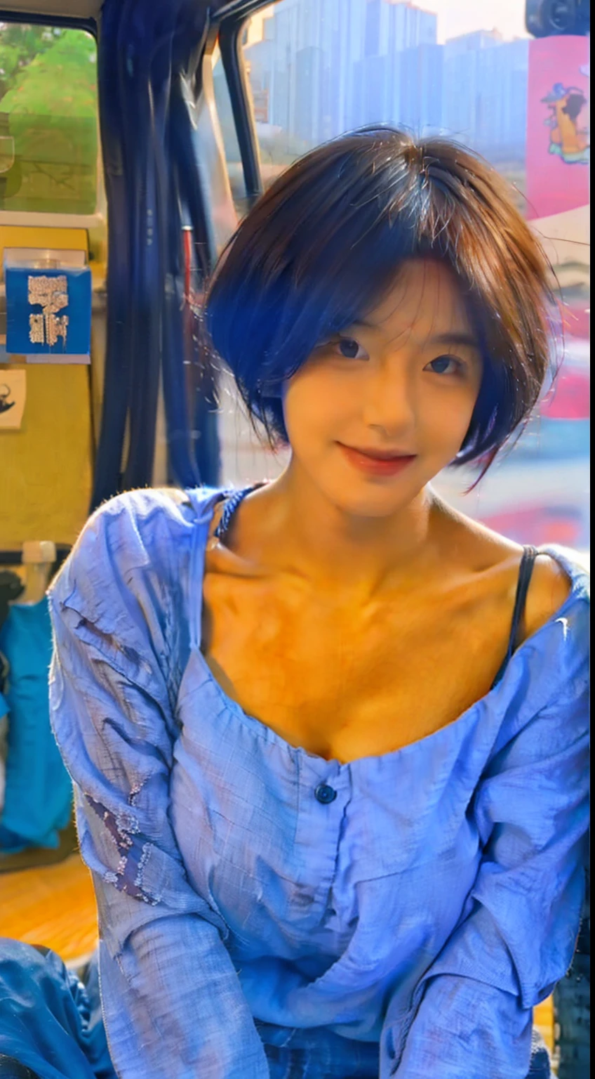 Solid blue clothing,short detailed hair,Smooth skin,huge tit,Raised sexy,big breasts enchanting,ssmile,Blushlush,adolable,full bodyesbian,solo person
