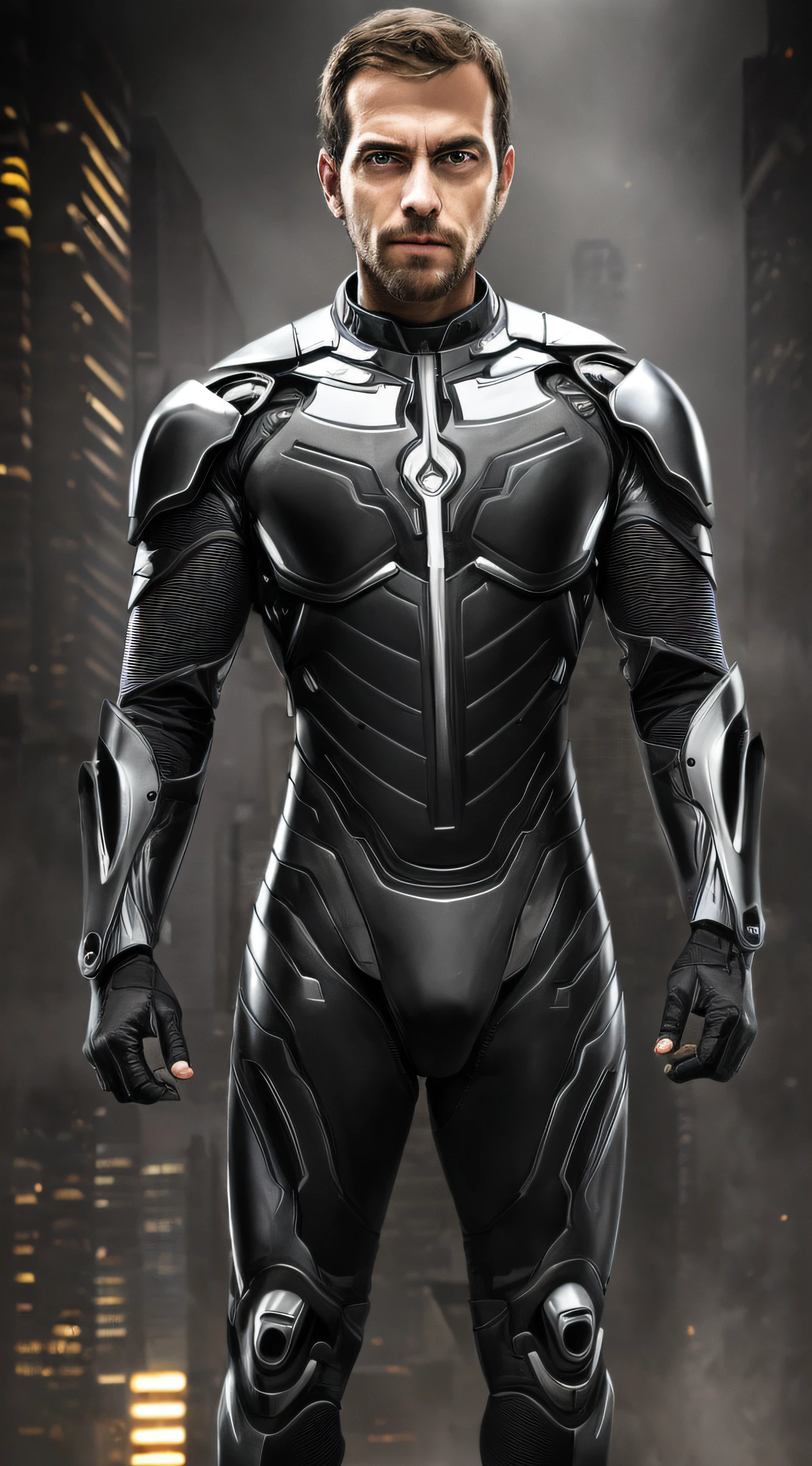 Homem de terno preto parado em frente a uma cidade, cybernetic suit, cyber suit, cybersuits, armadura brilhante elegante, sci - terno fi, science fiction suit, armadura de prata elegante detalhada, armadura prateada elegante, Ciborgue e detalhes do fio, silver cyber armor, cyber fight armor, Sci - Armadura de Fi:! musculoso, usando armadura futurista, diverse cybersuits,