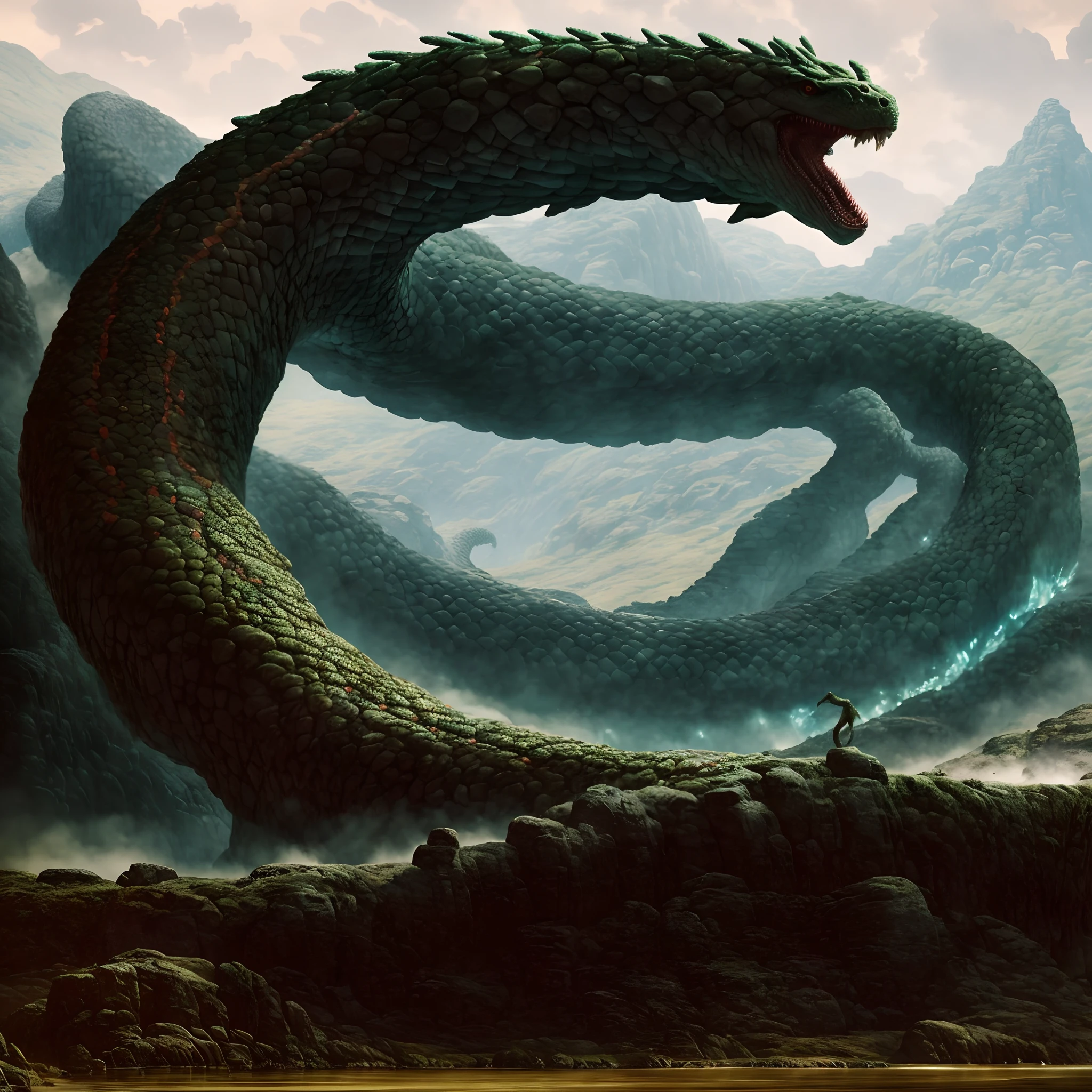 A closeup of a giant elemental snake in a mountainous area, Jormungandr, Symmetrical Epic Fantasy Art, jörmungandr, Stefan Koidl inspirado, Beeple e Jean Giraud, Noah Bradley. foco nítido, serpente do mar, serpentine water monster, Directed by: Noah Bradley, leviathan, Directed by: Adam Marczyński, cobra gigante de pedra, 16k, HD, Masterpiece