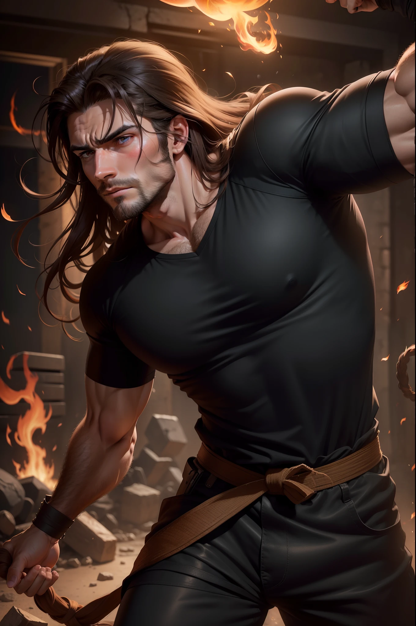 Realistic 8k image of a handsome, strong man, 25 years old, long brown hair, brown eyes, pained expression, dressed in a simple black casual shirt, bandages wrapped around his arms, attacking with a flaming frontal punch, large dungeon Underground, anime-style art