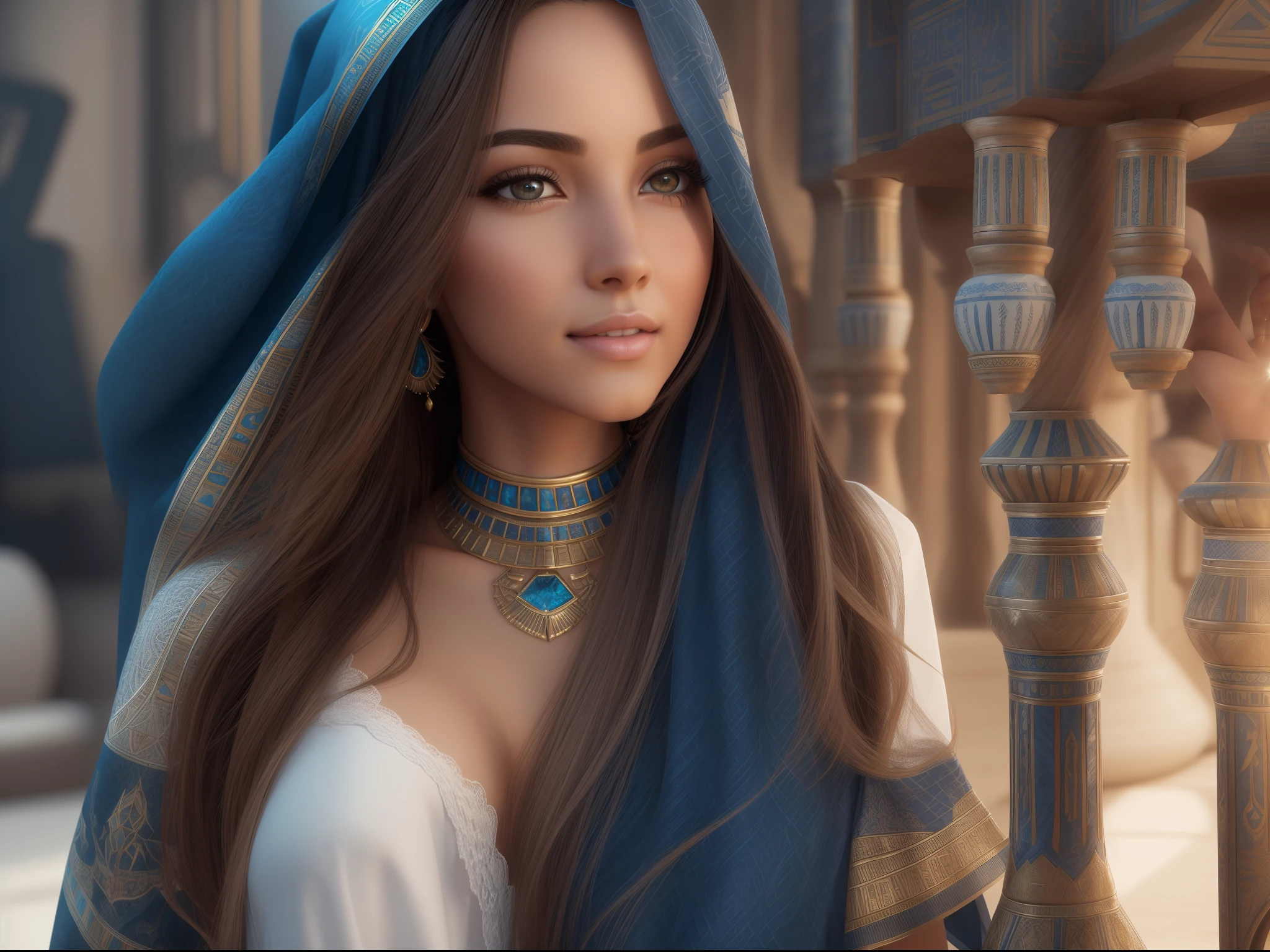 (In perspective) superb, Perfect straight hair at 23 years old, Long toe to toe and loose, Silky skin (Oil Lighting), Perfect detailed face, Detailed perfect eyes, fleshy lips, Egyptian Hijab, perfect body, jewelry & bracelets (Realistic Photos:Realistic Photos, تحفة 8K), With a blue and white Egyptian dress, Black fabric, ((blurry background)), ((hyperrealistic:Realistic complex details)), Smileing: Sensory feature, (Texture and environment are well detailed, Pure perfect lighting), SFW