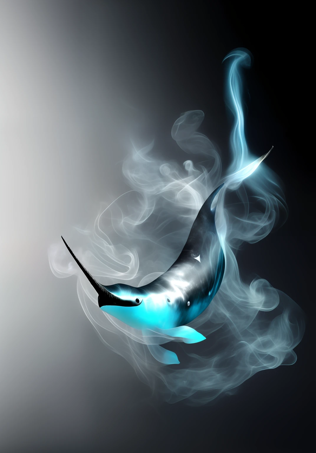 narwhal，Blends with smoke，photorealestic，k hd，Unicorn，whale，Black and White photo，Advanced photography，Clean background