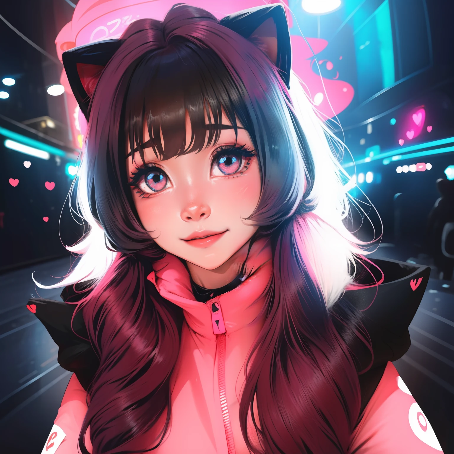 ****** bonito estilo anime, Olhos cor-de-rosa brilhantes, chiclete, rosa neon vibrante, orelhas de gato no cabelo e pontas cor-de-rosa, Hearts in neon detail. Incrivelmente bonito e bonito estilo de desenho animado digital.