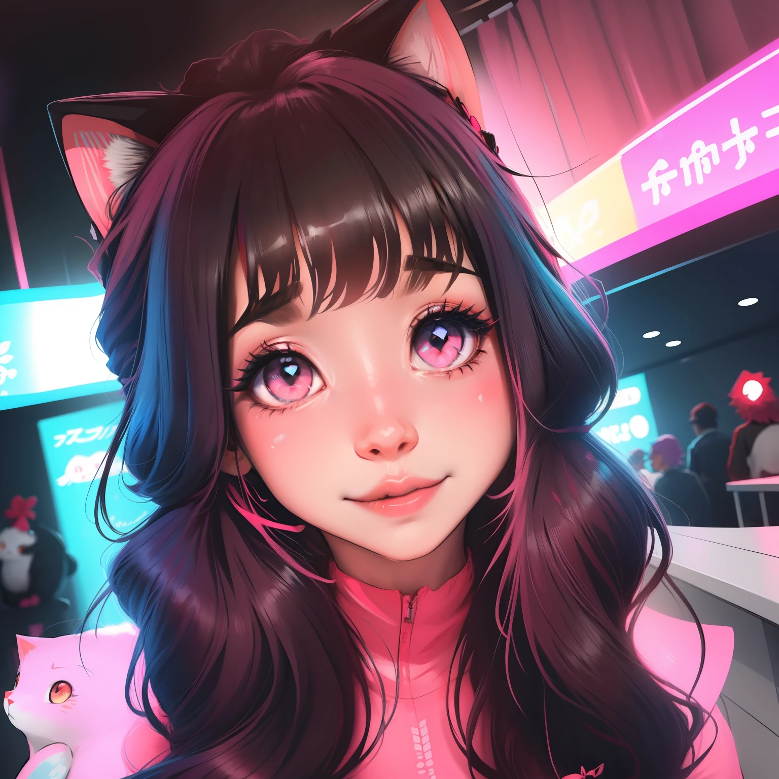 ****** bonito estilo anime, Olhos cor-de-rosa brilhantes, chiclete, rosa neon vibrante, orelhas de gato no cabelo e pontas cor-de-rosa, Hearts in neon detail. Incrivelmente bonito e bonito estilo de desenho animado digital.