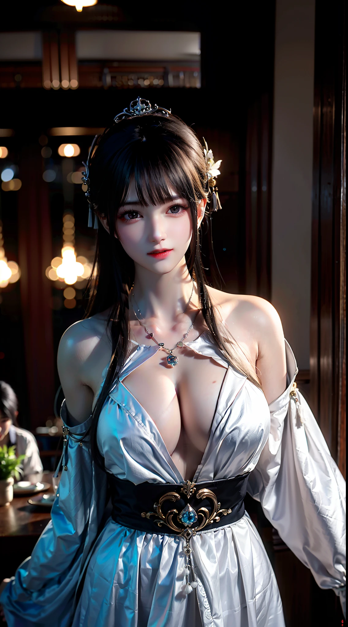 (8k, best quality, masterpiece:1.2), realistic, ultra highres, intricate details,
1girl, jirai fashion, beautiful face, light silver, in a restaurant, standing,