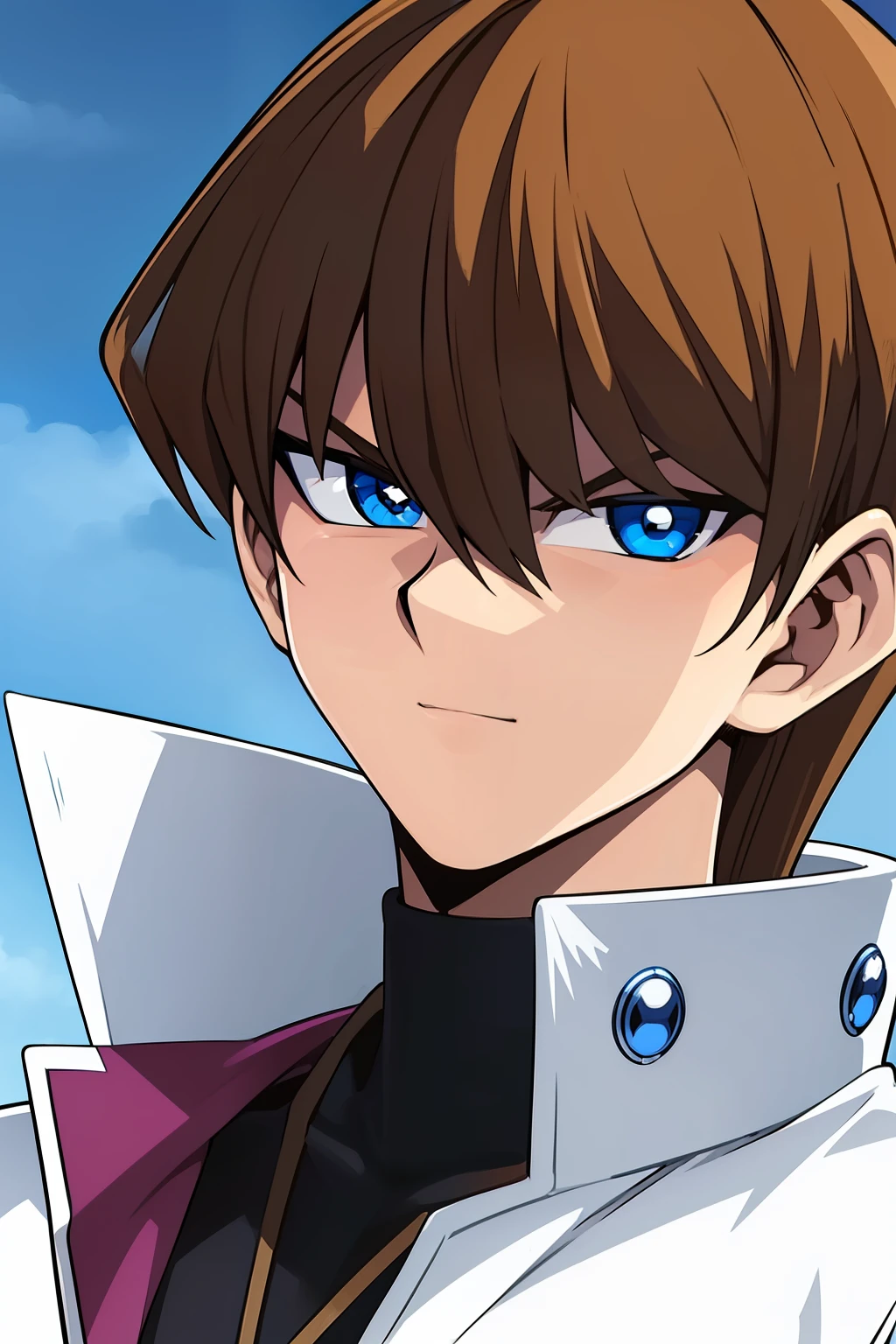 (masterpiece, best quality, ultra-detailed), 1boy, blue eyes, brown hair, standing, man body, portrait shot, looking at viewer, serius expression, Seto Kaiba