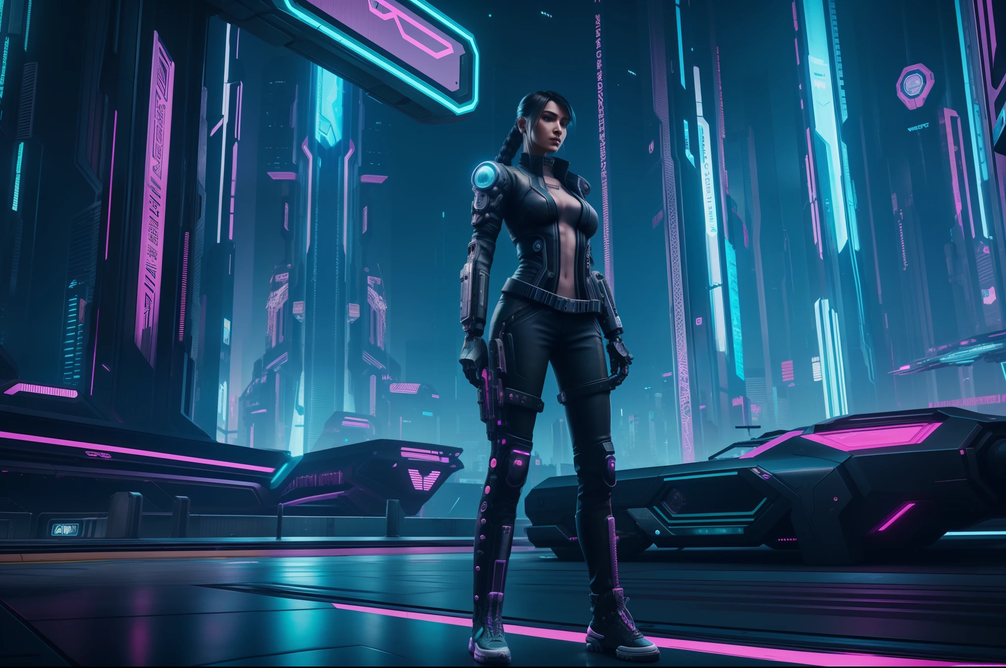 A cyberpunk mechanical style girl standing in front of futuristic city, cyberpunk atmosphere, cyberpunk atmosphere, deep into the metaverse where we go, there is cyberpunk style, cyberpunk theme, in cyberpunk 2077, cyberpunk futuristic, cyberpunk futuristic, synthwave, futuristic cyberpunk, cyberpunk technology, cyberpunk, synthwave style