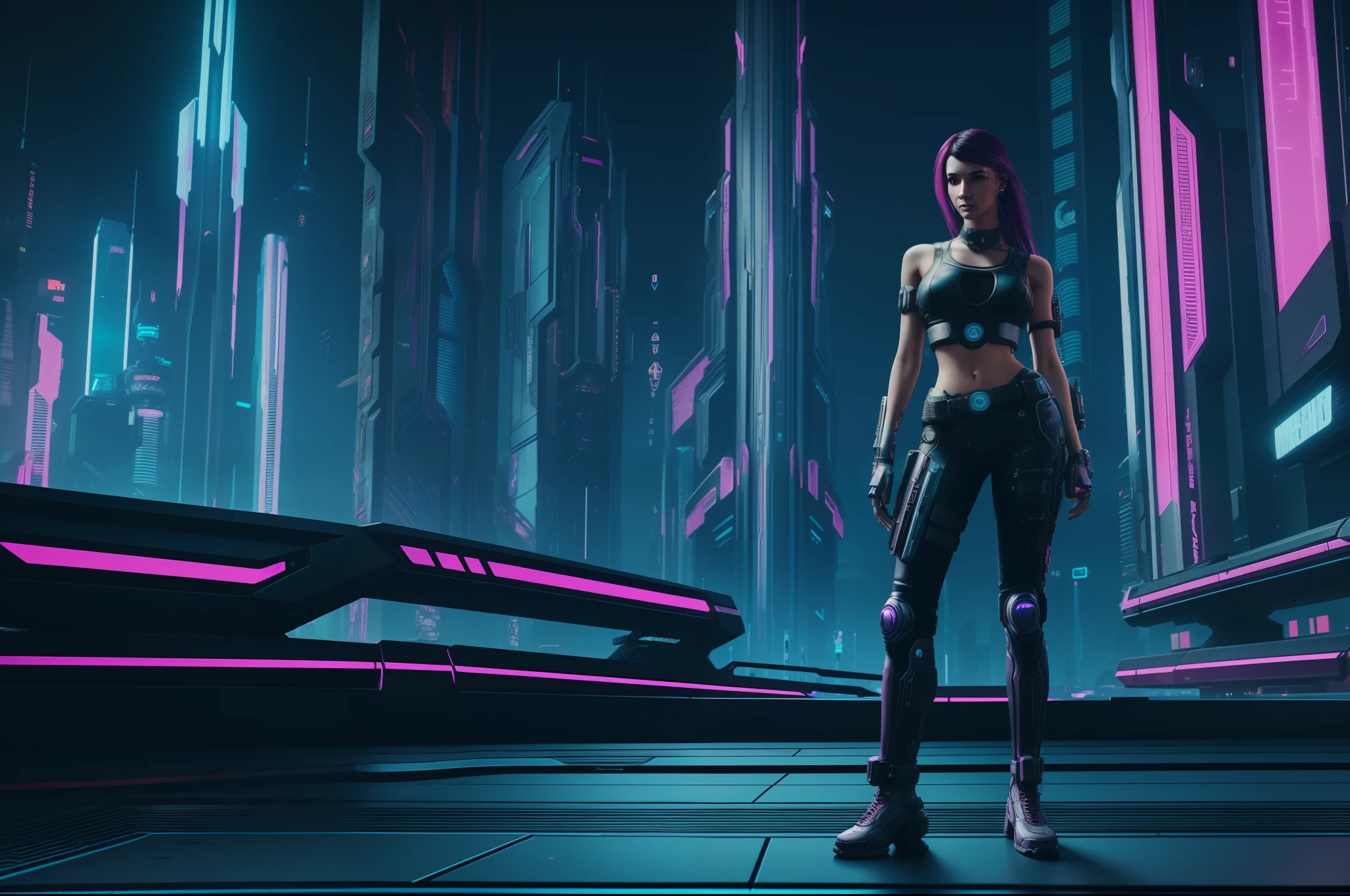 A cyberpunk mechanical style girl standing in front of futuristic city, cyberpunk atmosphere, cyberpunk atmosphere, deep into the metaverse where we go, there is cyberpunk style, cyberpunk theme, in cyberpunk 2077, cyberpunk futuristic, cyberpunk futuristic, synthwave, futuristic cyberpunk, cyberpunk technology, cyberpunk, synthwave style