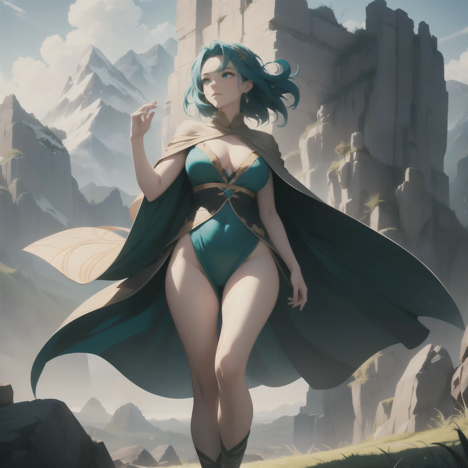 (masterpiece, 8k, best quality), photorealistic, cinematic, dynamic background, 1 girl, realistic green hair, (full body shot, wide shot), (head to toe visibility), perfect anatomy, curvaceous body, alluring, perfect eyes, perfect hands, perfect eyes, detailed eyes, large breasts, round ass, long round legs, In a realm where nature and magic entwine, envision a captivating tableau: a female wind magician stands poised upon the precipice of a majestic mountain cliff, her presence is an ethereal melody, her flowing emerald-green hair mirroring falling leaves, while a billowing cape – a symphony of cerulean and turquoise adorned with cloud-like embroidery – cascades from her shoulders, azure eyes hold the secrets of skies, and a simple circlet graces her forehead, suggesting a connection to the winds themselves, with an outstretched hand, she conjures a gentle whirlwind, (((leaves spiraling within it))), an ode to her mastery; above, the canvas of sky and clouds blends seamlessly with her attire, mirroring the serenity and dynamism she commands, this tableau forms where the mountain cliff, the winds, the leaves, and she herself harmoniously become one, extremely detailed Artgem, IG model, alena aenami and artgem, krenz cushart and artgem, artgem and atey ghailan