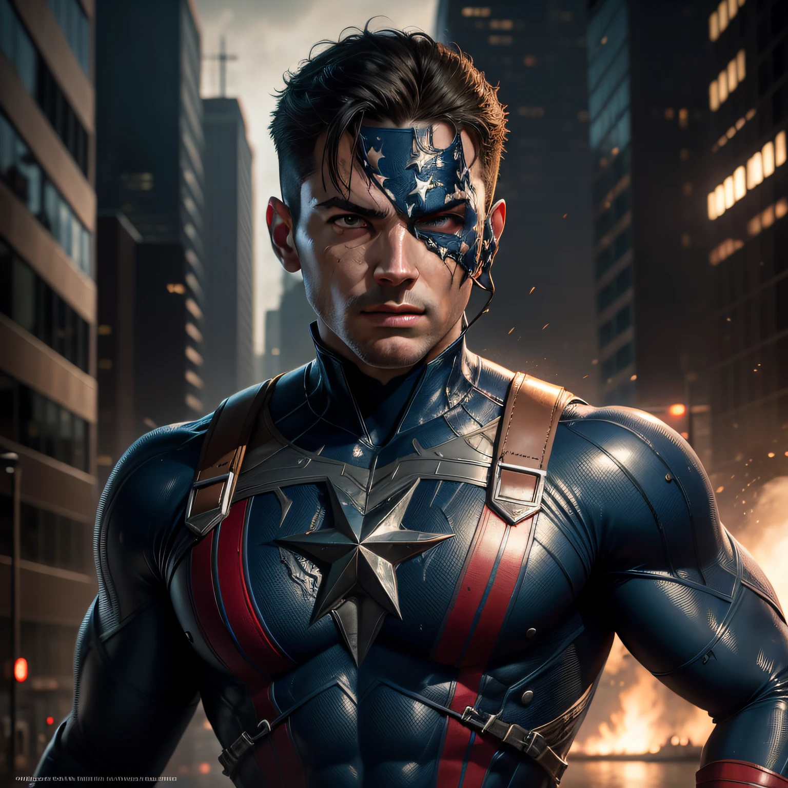 Captian america, organic-looking outfit, gooey testura, symbiote, white eyes, fine art, cinematic scene, highly detailed detailed cinematic rendering, ultra photorealistic raytricing, with cinematic lighting