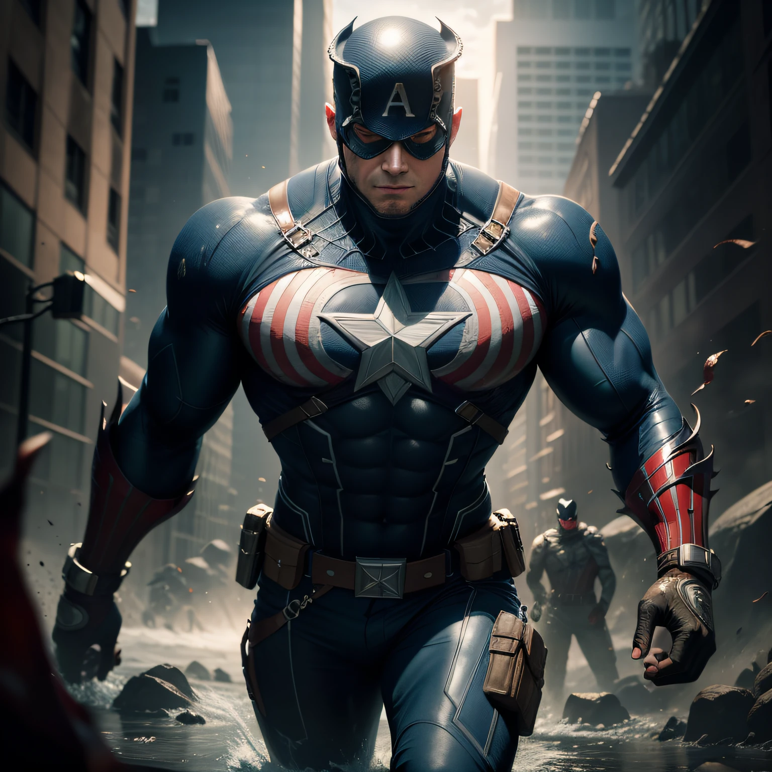Captian america, organic-looking outfit, gooey testura, symbiote, white eyes, fine art, cinematic scene, highly detailed detailed cinematic rendering, ultra photorealistic raytricing, with cinematic lighting