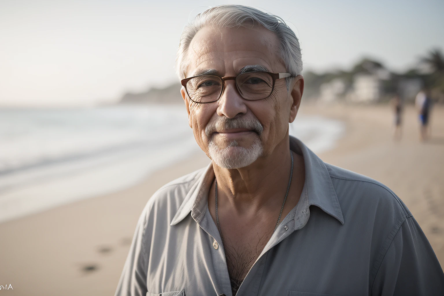 Older man with glasses on a beach looking at the camera, foto do retrato de um homem velho, cinematic portrayal, man with glasses, foto de um homem, 7 0 mm portrait, Retrato de 50mm, O olhar de um idoso, Retrato de 60mm, um homem de 80 anos, Retrato tirado 8 K, uma foto de um homem, retrato de alta qualidade