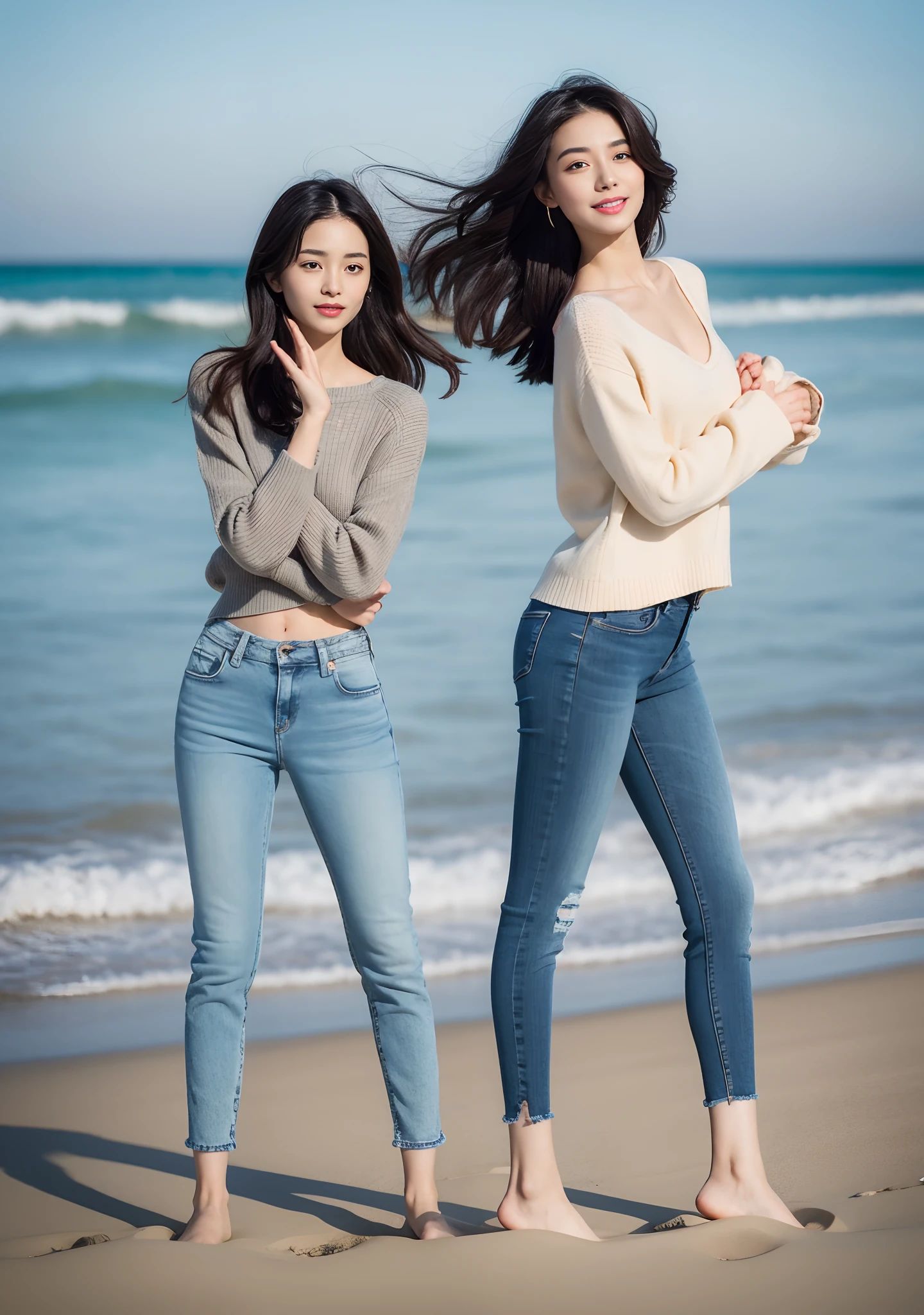 Woman in jeans on the beach,Practice yoga movements(Elegant and solemn movements),Full body shooting:1.8(RAW photogr,超高分辨率,8K,HD,tmasterpiece,best qualtiy),Complicated details, 20 years old Asian woman,Women wearing smoked gray cropped anxiety tight sweater(Slim fit,Fit snugly to the body)and trendy jeans with open navels,Realistic and detailed costumes,Detailed beach,A sweet smile appeared on the little face,The face is white and tender,skin lightening,Ultra-realistic facial details,Beautiful accessories,White skin and beautiful appearance,The skin is as fat as jade,The face is delicate and watery,Playful and coquettish pose,The calves are straight and slender:1.5,Wear high-end branded travel shoes:1.5,eventide,warm color,Broad lighting,naturalshadow,taking a full body photo:1.8