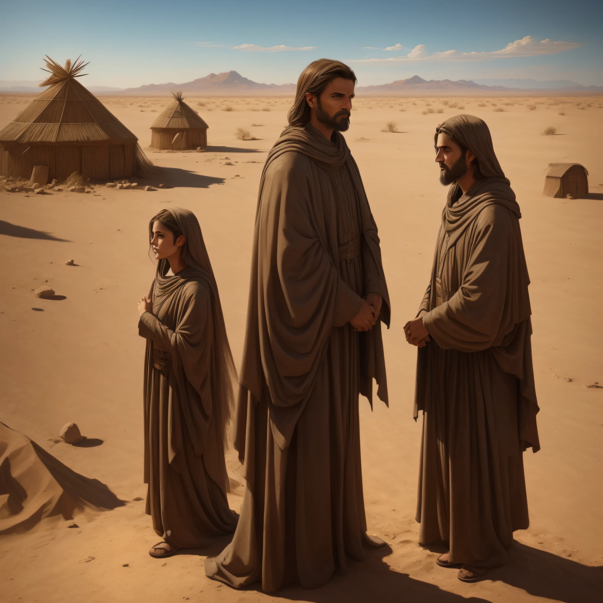 Angels and prophets in human form Apocalypse Realistic painting style Angel prophets face to face Realistic details No wings Cinematic style Desert hut Clean environment