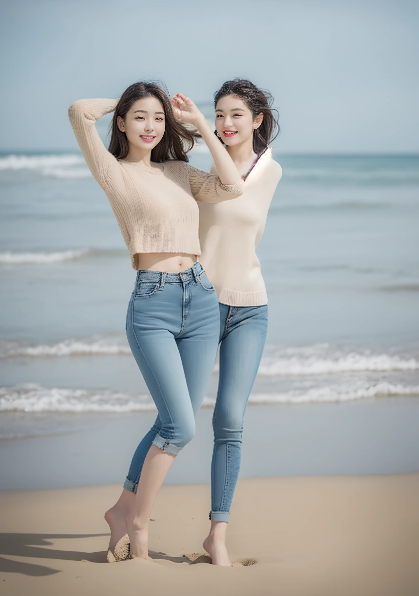 Woman in jeans on the beach，Practice yoga movements（graceful movements），Full body shooting:1.8（RAW photogr，超高分辨率，8K,HD,tmasterpiece，best qualtiy），Complicated details， 20 years old Asian woman，Women wearing smoked gray cropped anxiety tight sweater（Slim fit，Fit snugly to the body）and trendy jeans with open navels，Realistic and detailed costumes，Detailed beach，A sweet smile appeared on the little face，The face is white and tender，skin lightening，Ultra-realistic facial details，Beautiful accessories，White skin and beautiful appearance，The skin is as fat as jade，The face is delicate and watery，Playful and coquettish pose，The calves are straight and slender:1.5，Wear high-end branded travel shoes:1.5，eventide，warm color，Broad lighting，naturalshadow，taking a full body photo:1.8