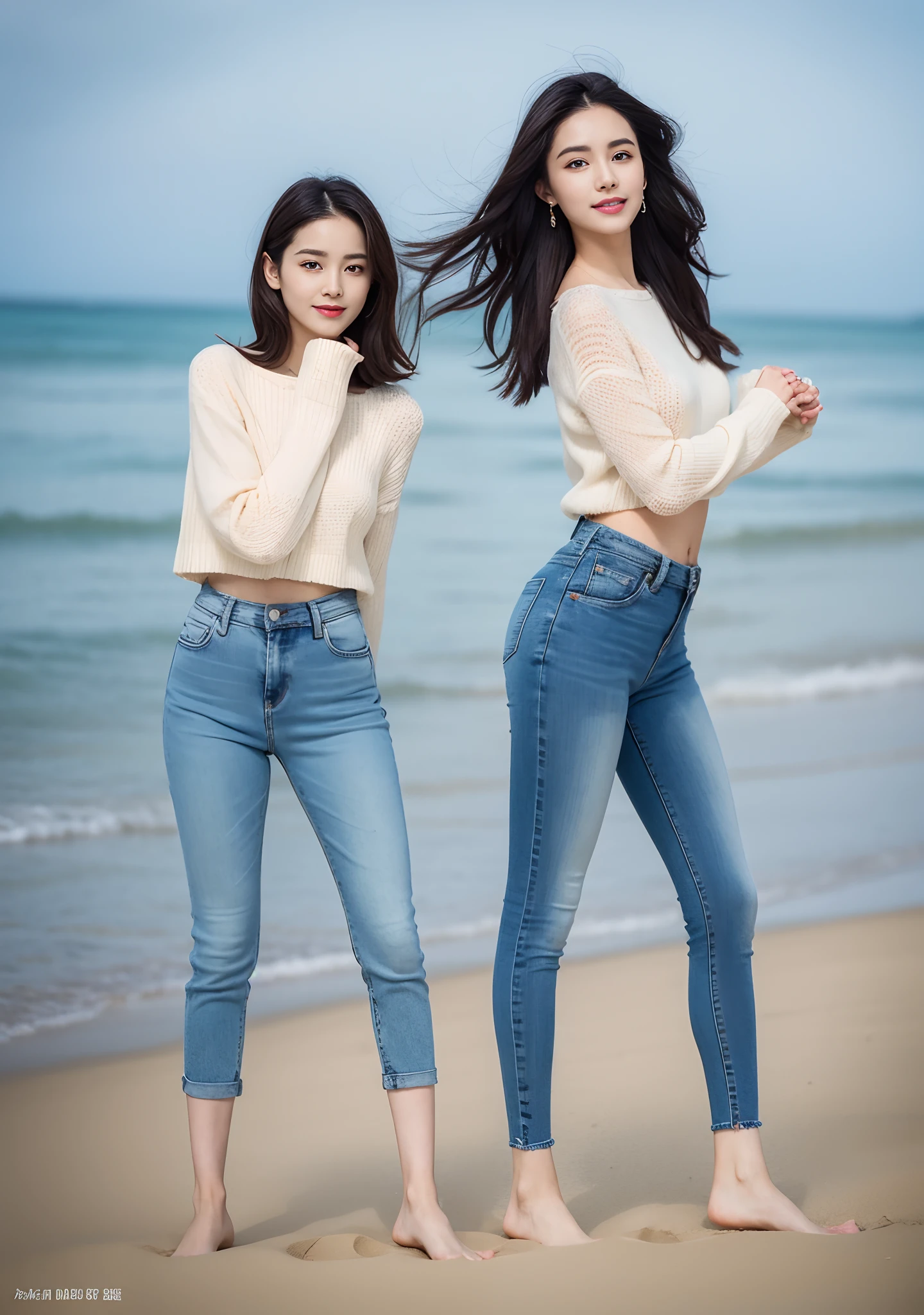 Woman in jeans on the beach,Practice yoga movements(Elegant and solemn movements),Full body shooting:1.8(RAW photogr,超高分辨率,8K,HD,tmasterpiece,best qualtiy),Complicated details, 20 years old Asian woman,Women wearing smoked gray cropped anxiety tight sweater(Slim fit,Fit snugly to the body)and trendy jeans with open navels,Realistic and detailed costumes,Detailed beach,A sweet smile appeared on the little face,The face is white and tender,skin lightening,Ultra-realistic facial details,Beautiful accessories,White skin and beautiful appearance,The skin is as fat as jade,The face is delicate and watery,Playful and coquettish pose,The calves are straight and slender:1.5,Wear high-end branded travel shoes:1.5,eventide,warm color,Broad lighting,naturalshadow,taking a full body photo:1.8