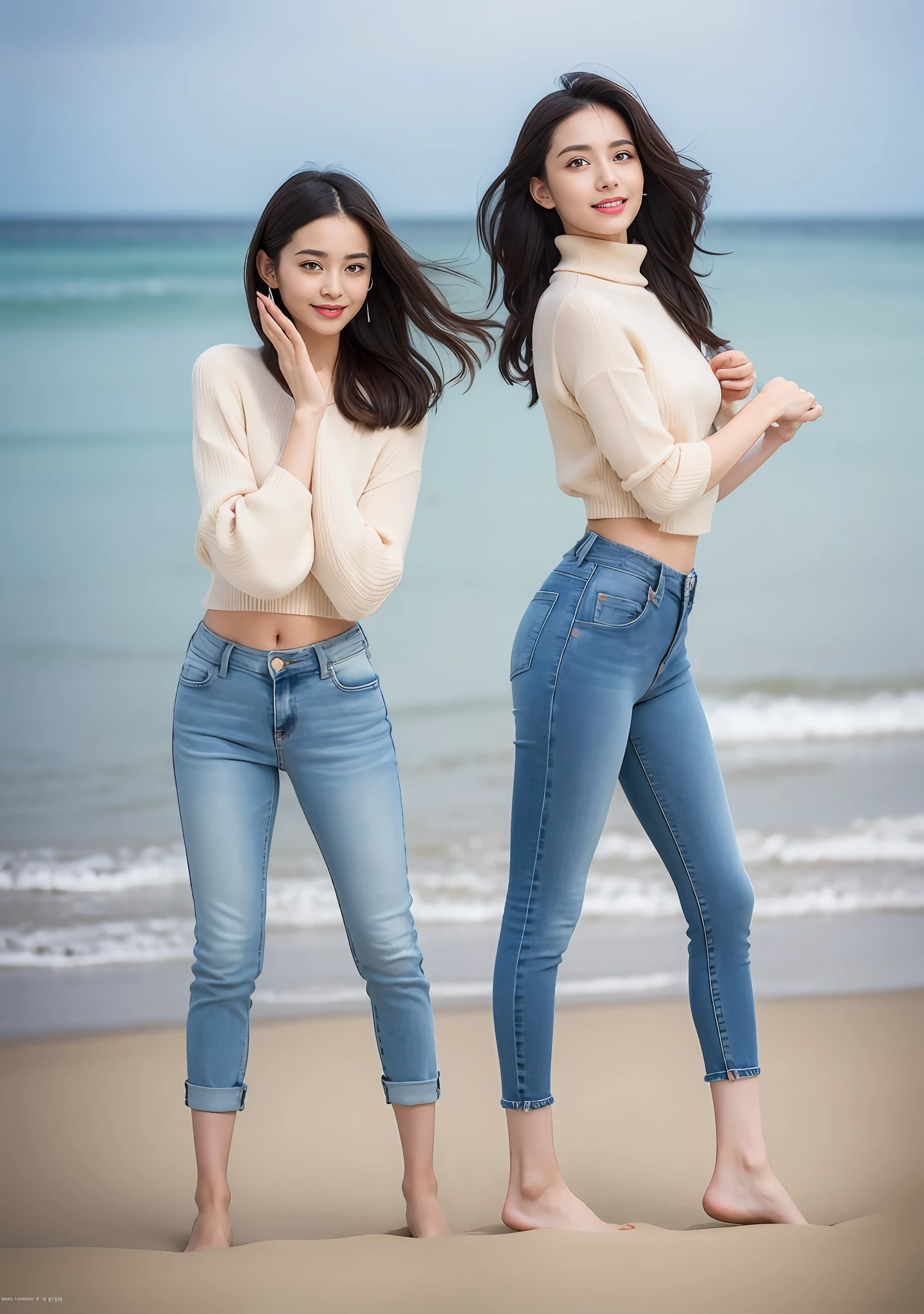 Woman in jeans on the beach,Practice yoga movements(Elegant and solemn movements),Full body shooting:1.8(RAW photogr,超高分辨率,8K,HD,tmasterpiece,best qualtiy),Complicated details, 20 years old Asian woman,Women wearing smoked gray cropped anxiety tight sweater(Slim fit,Fit snugly to the body)and trendy jeans with open navels,Realistic and detailed costumes,Detailed beach,A sweet smile appeared on the little face,The face is white and tender,skin lightening,Ultra-realistic facial details,Beautiful accessories,White skin and beautiful appearance,The skin is as fat as jade,The face is delicate and watery,Playful and coquettish pose,The calves are straight and slender:1.5,Wear high-end branded travel shoes:1.5,eventide,warm color,Broad lighting,naturalshadow,taking a full body photo:1.8