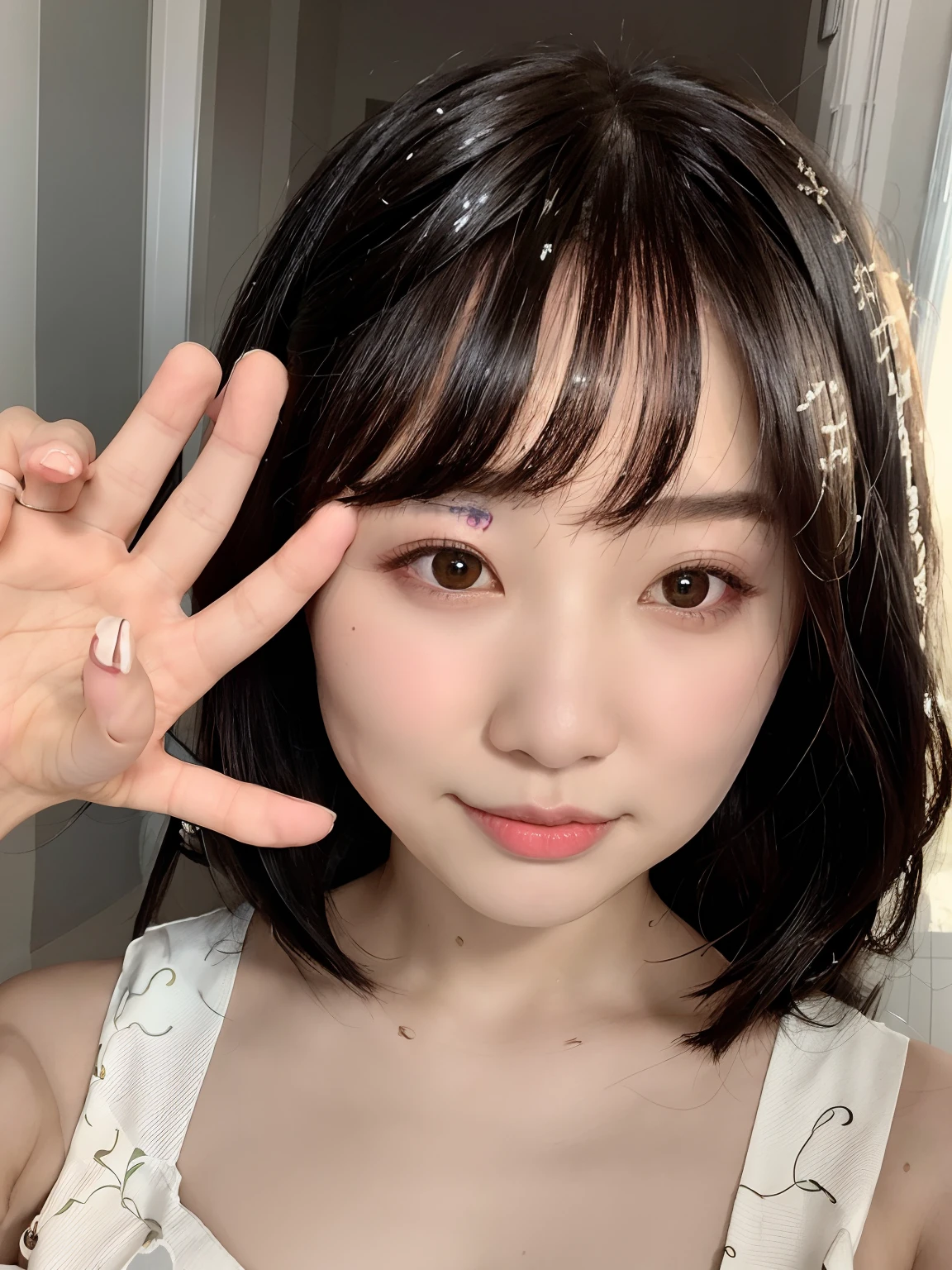 There was a woman,Short black hair,wears a white dress, with cute - fine - face, girl cute-fine face, with short hair, 8k selfie photograph, young cute wan asian face, jaeyeon nam, young lovely Korean faces, xintong chen, chiho, lee ji eun, Lee Ji-eun, cute korean actress