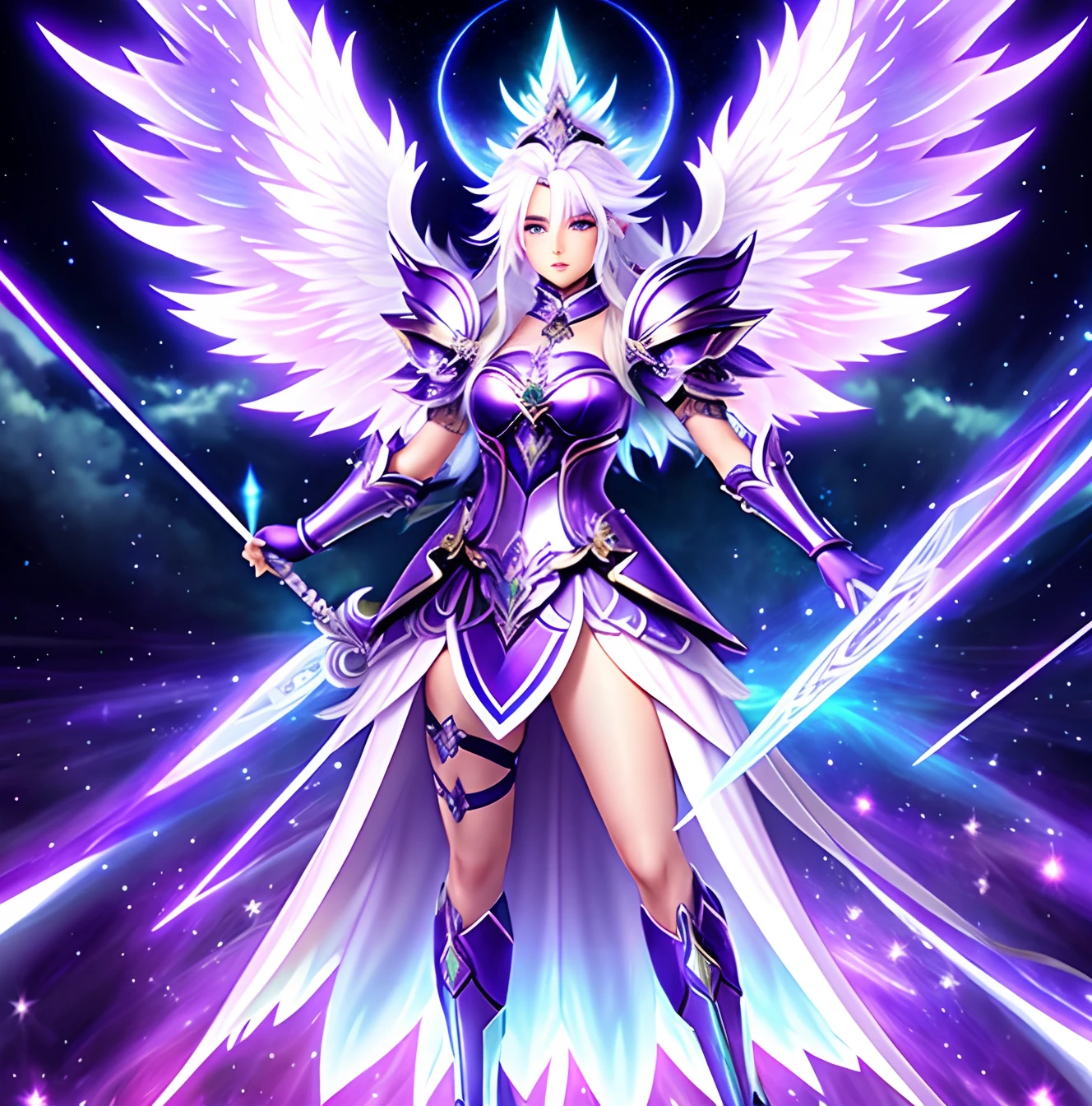 Anime character with white hair and purple outfit,, Astralfee, clothed in ethereal battle armor, Ausstattung Aurora, Knights of the Zodiac Girl, Astralhexenkleidung, as a mystical valkyrie, Zauber-Pose, white haired deity, beautiful celestial mage, portrait knights of zodiac girl, full - body majestic angel, full body xianxia