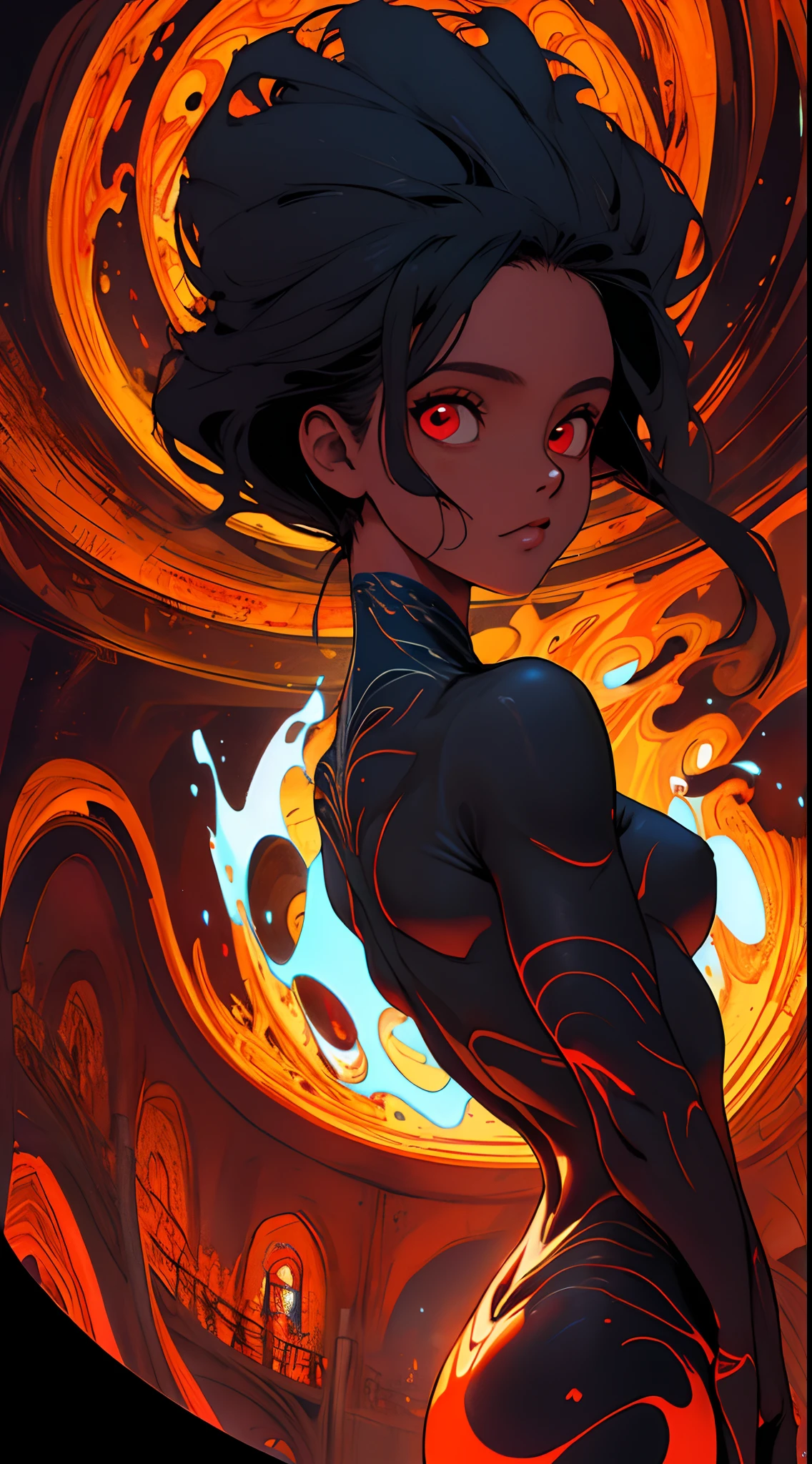 NSFW,obra maestra, mejor calidad, ultra detallado, absurdos, colorido, 1girl, solo, (solid red eyes: 1.0), (cabello blanco, cabello largo, cabello liso, cabello sobre un ojo: 1.0), ojos detallados, ojos muy abiertos, lashes, (parte superior del cuerpo: 0.8), chica monstruo, vista lateral, ojos brillantes, cabeza inclinada, noche, traje negro, orejas puntiagudas, horror, oscuro, fondo negro, mirando al espectador, corona, alto contraste, Contre-Jour, (de pie: 0.8),  aura, fondo fractal, caothic, espiral, cuernos de demonio, energy, mosaico, infierno