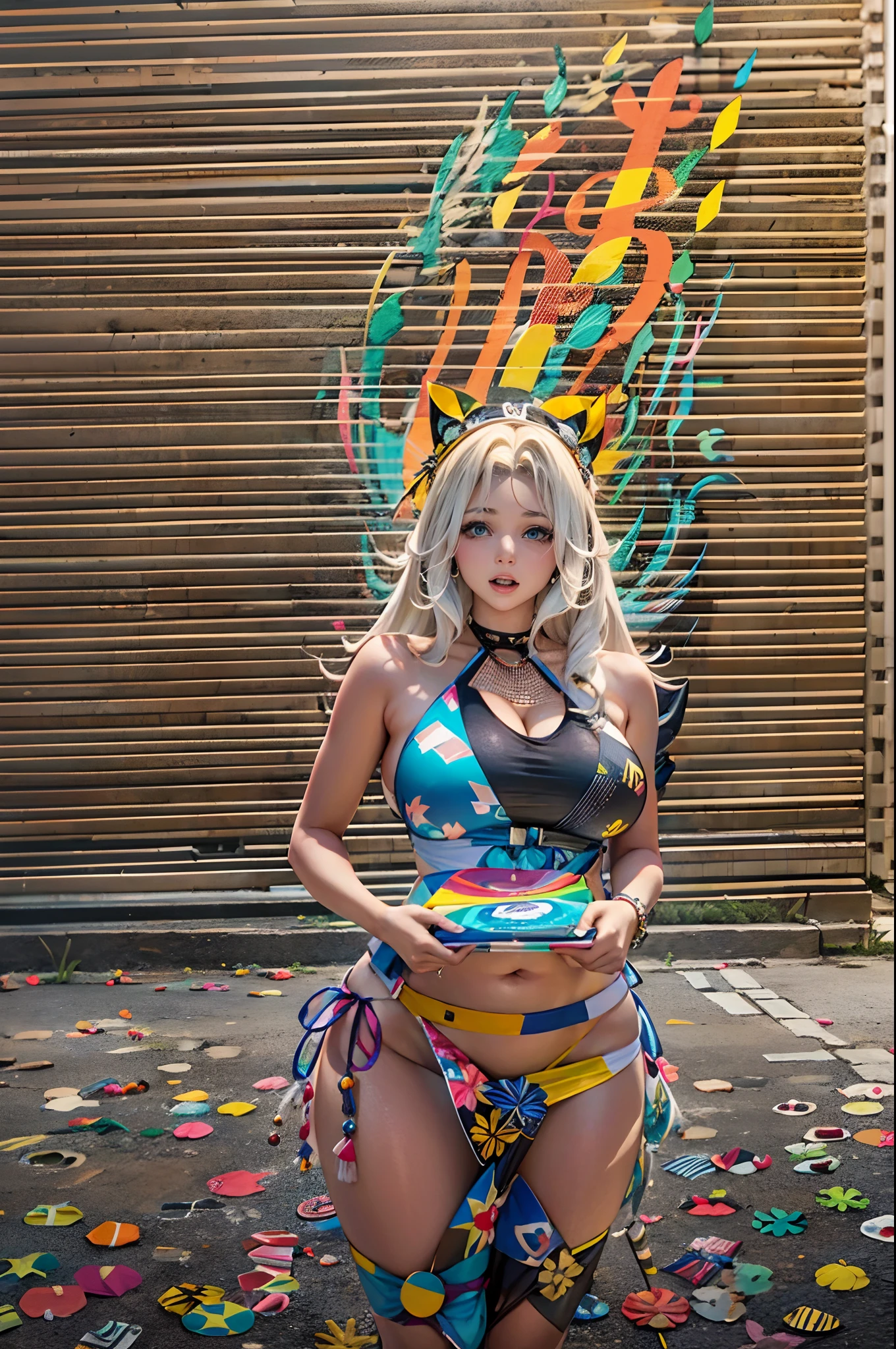 En un mundo virtual, una gran cantidad de datos pasan zumbando en todas direcciones., En el centro de la imagen, una mujer muy hermosa con un peinado colorido y un mono de colores brillantes mira el mundo que la rodea.. (La mejor calidad) obra maestra ((pechos muy grandes)) ((cabello rubio)) (cuerpo delgado)