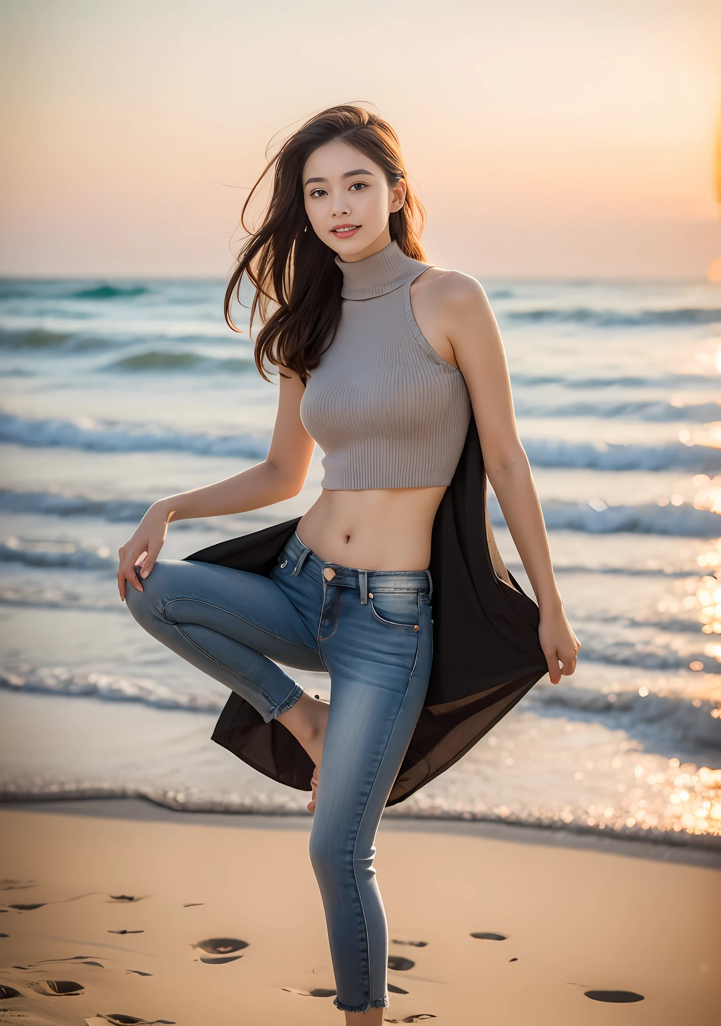 Woman in jeans on the beach,Practice yoga movements(Coquettish and feminine action),Full body shooting:1.8(RAW photogr,超高分辨率,8K,HD,tmasterpiece,best qualtiy),Complicated details, 20 years old Asian woman,Women wearing smoked gray cropped tight sweaters(Cultivation,Fit snugly to the body)and fashion jeans,Realistic and detailed costumes,Detailed beach,A sweet smile appeared on the little face,The face is white and tender,skin lightening,Ultra-realistic facial details,Beautiful accessories,White skin and beautiful appearance,The skin is as fat as jade,The face is delicate and watery,Playful and coquettish pose,The calves are straight and slender:1.5,Wear high-end branded travel shoes:1.5,eventide,warm color,Broad lighting,naturalshadow,taking a full body photo:1.8