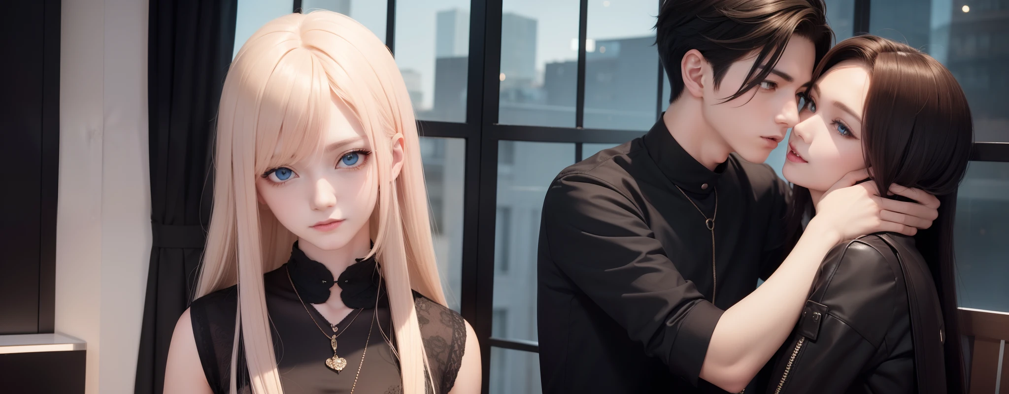 masterpiece, top-quality, 2Others, Male and female couples, 1 man and 1,, Adults, Height difference, different fashion, different color, finely eye and detailed face, intricate detailes, Casual clothing, Oversized shirt, Modern urban streets, Hands on back, A smile, Happiness, tenderness, high-level image quality、 beautiful male、tall、hug from behind、Trying to kiss、window、nightfall、nighttime scene、𝓡𝓸𝓶𝓪𝓷𝓽𝓲𝓬、Korean Male, Idol Photos, k pop, Professional Photos, Vampires, Korean fashion in black and white, Fedoman with necklace, inspired by Sim Sa-jeong, androgynous vampire, :9 detailed face: 8, extra detailed face, detailed punk hair, ((asa)) baggy eyes, Seductive. Highly detailed, semi realistic anime, Vampires, hyperrealistic teen, delicate androgynous prince, imvu, short hair above the ears, Man with short hair, Woman with long hair, A man with a glaring expression and a woman with a gentle expression, With a bright blonde short-haired man, Woman with pretty long pink hair and light blue eyes