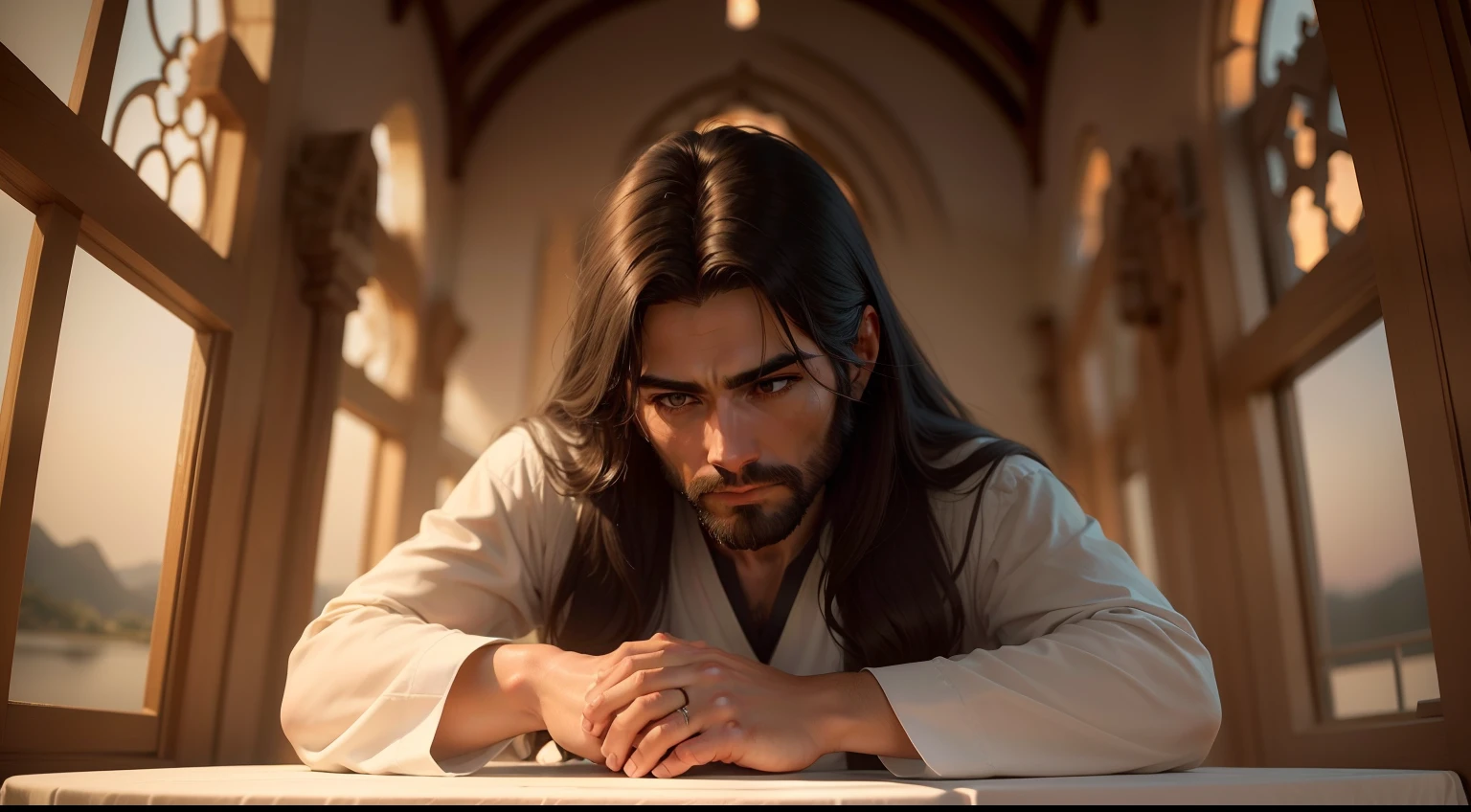 Por favor, create a high-definition image of Jesus Christ, representando Sua figura sagrada e compassiva. Jesus is portrayed as a gentle-looking and serene man, com cabelos longos e barba. His eyes convey wisdom and deep compassion. He wears simple, austere tunics, que refletem Sua humildade e ensinamentos. A cena se passa em um ambiente que evoca espiritualidade e tranquilidade, possibly on the edge of a calm lake or on a hill overlooking an awe-inspiring landscape. The light around Jesus is soft and radiant, simbolizando Sua divindade. Symbolic elements such as a cross, a cup or lamb may be incorporated into the scene to emphasize His role as Savior. The image must have a resolution of at least 3000x4000 pixels to ensure high definition. Capturar a aura de amor, Peace and redemption associated with Jesus Christ is essential to convey His divine presence."