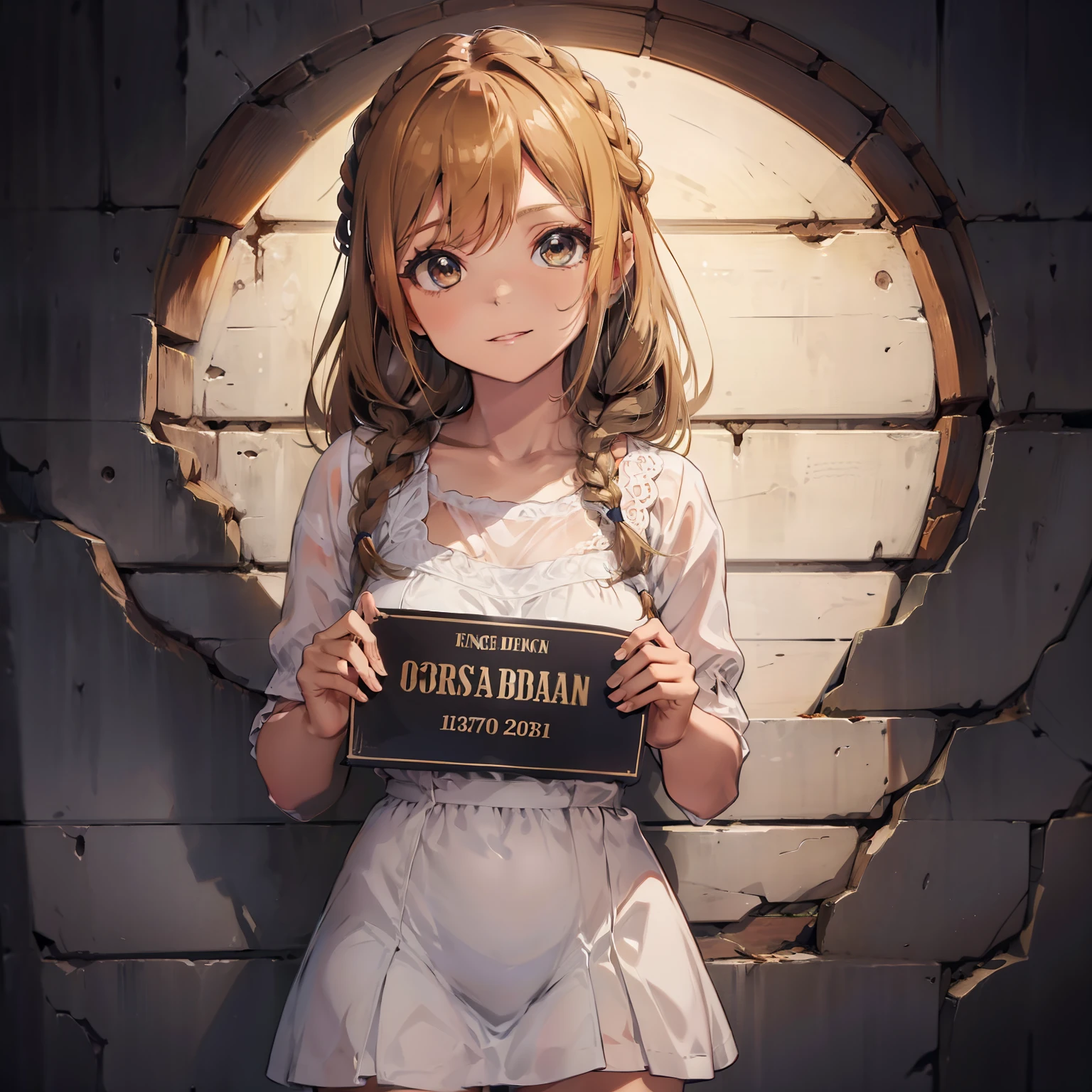 Obra prima, melhor qualidade, dynamic light, uma mulher, cabelo marrom, hair with braids, olhos marrom, vestido branco, vestido de couro, pose frontal, holding a sign in his hands, fundo detalhado, height graphic background