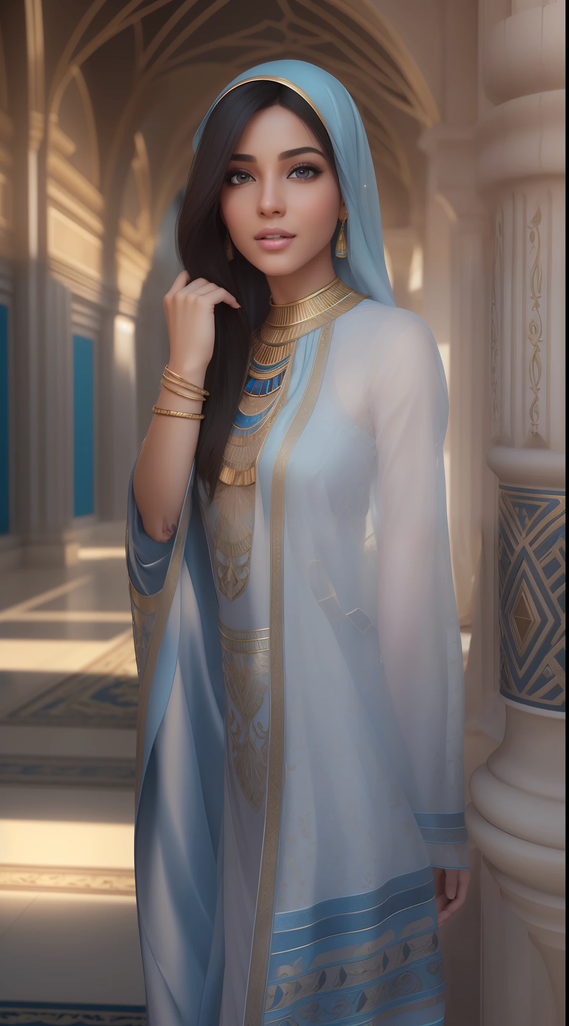 (In perspective) superb, Perfect straight hair at 23 years old, Long toe to toe and loose, Silky skin (Oil Lighting), Perfect detailed face, Detailed perfect eyes, fleshy lips, Egyptian Hijab, perfect body, jewelry & bracelets (Realistic Photos:Realistic Photos, تحفة 8K), With a blue and white Egyptian dress, Black fabric, ((blurry background)), ((hyperrealistic:Realistic complex details)), Smileing: Sensory feature, (Texture and environment are well detailed, Pure perfect lighting), SFW