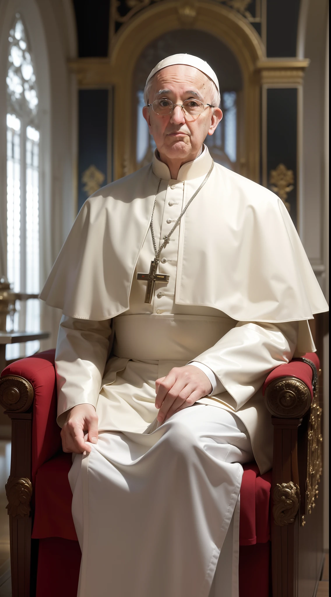 Portrait of Pope Francis in a futuristic setting, showcasing a blend of traditional papal attire and futuristic elements, like advanced technology or architectural design.