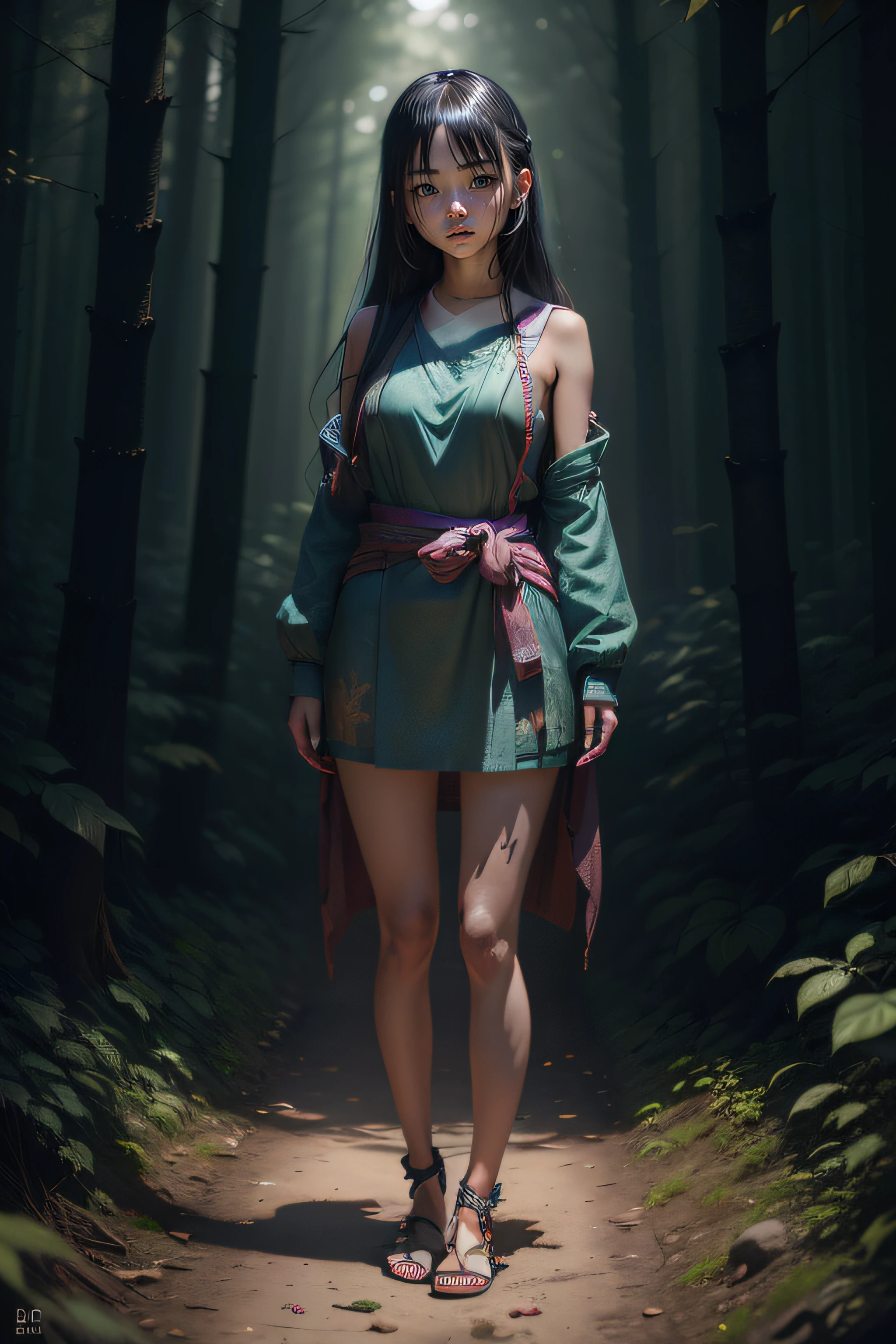 (Hyperreal:1.4),
(full body shot:1.65) raw, emotional, dynamic, distortion for emotional effect, vibrant, use of unusual colors, cute cinematography, (realistic, photo realistic:1.4)
20yo girl made of blue, green and orange falling code, ascii art, sexy , afterword, blush, breasts, framed breasts, heart, japanese clothes, small breasts, long hair, on dress, Post-Apocalyptic japanese young girl, through a cloudy-lit forest
detailed skin, detailed eyes, detailed face--nightvisionxlPhotorealisticPortrait_alpha0520Bakedvae--DPM++ 2M SDE Karras