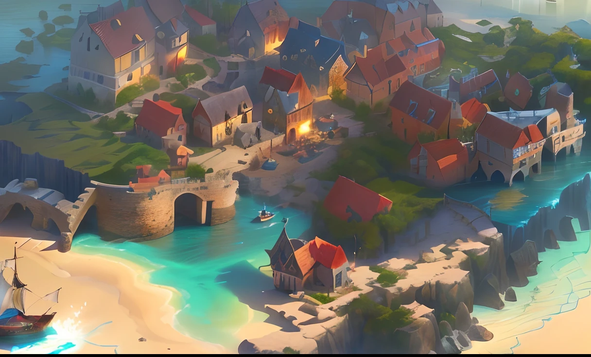 Close-up of a small island with a boat in the water, Medieval coastal village, Isometric fantasy map, Medeival Fantasy Town, renaissance port city background, Isometric environment, A small port village, fantasy town setting, by senior environment artist, detailed digital 2d fantasy art, Изометрическое 3D фэнтези, Fisherman's Town, Medieval village
