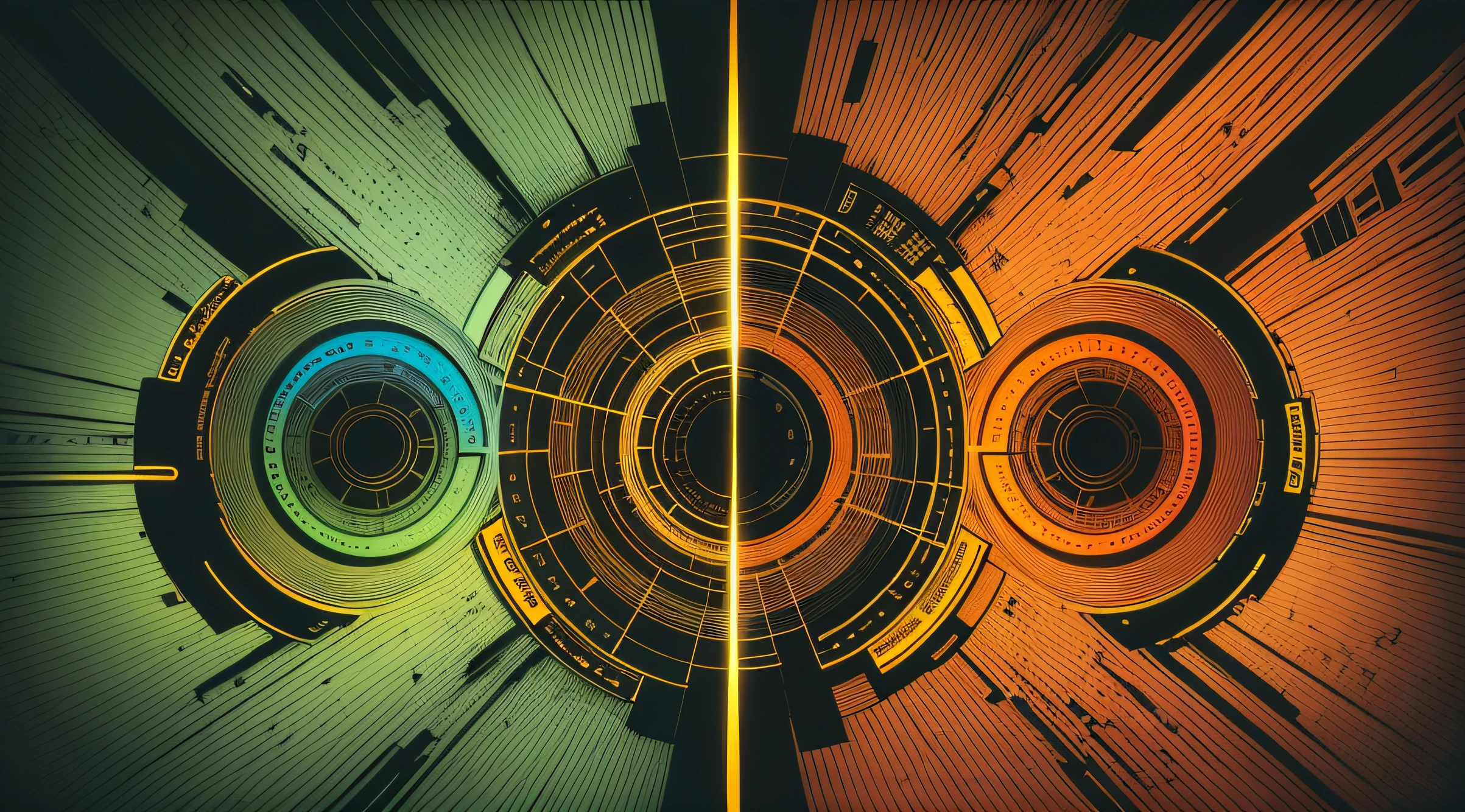 Symmetrical digital design, com linhas curvadas, Bright colored illustration, cor amarelo e preto, em cores vivas, com efeitos de raios de flash, linhas neon, (UHD, 8k:1.5), (Alto contraste:1.2), (saturation:1.23)