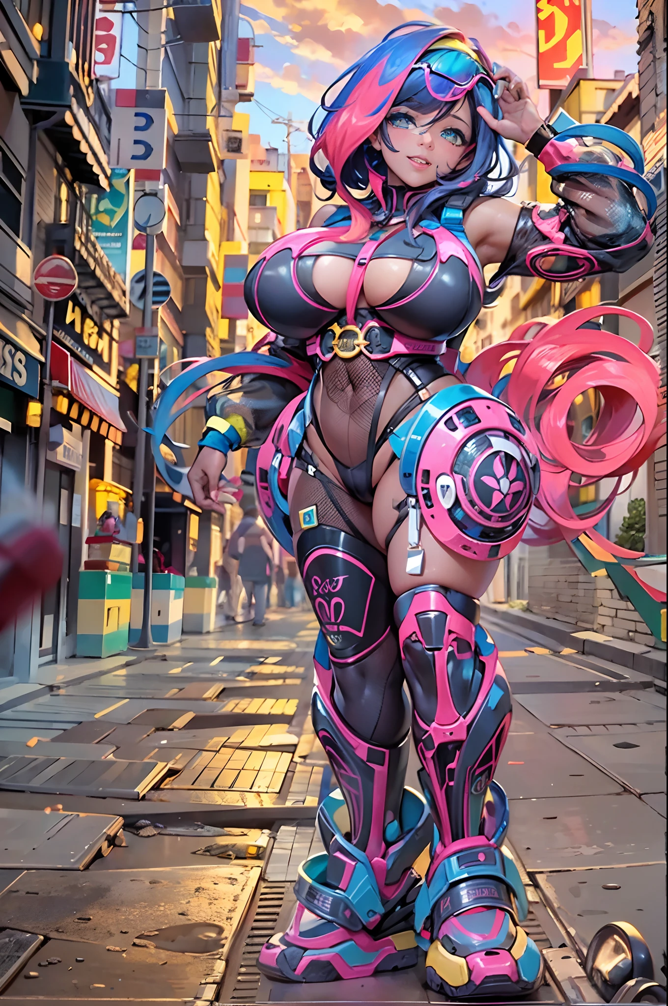 En un mundo virtual, una gran cantidad de datos pasan zumbando en todas direcciones., En el centro de la imagen, una mujer muy hermosa con un peinado colorido y un mono de colores brillantes mira el mundo que la rodea.. (La mejor calidad) obra maestra ((pechos muy grandes)) ((cabello rubio)) (cuerpo delgado)