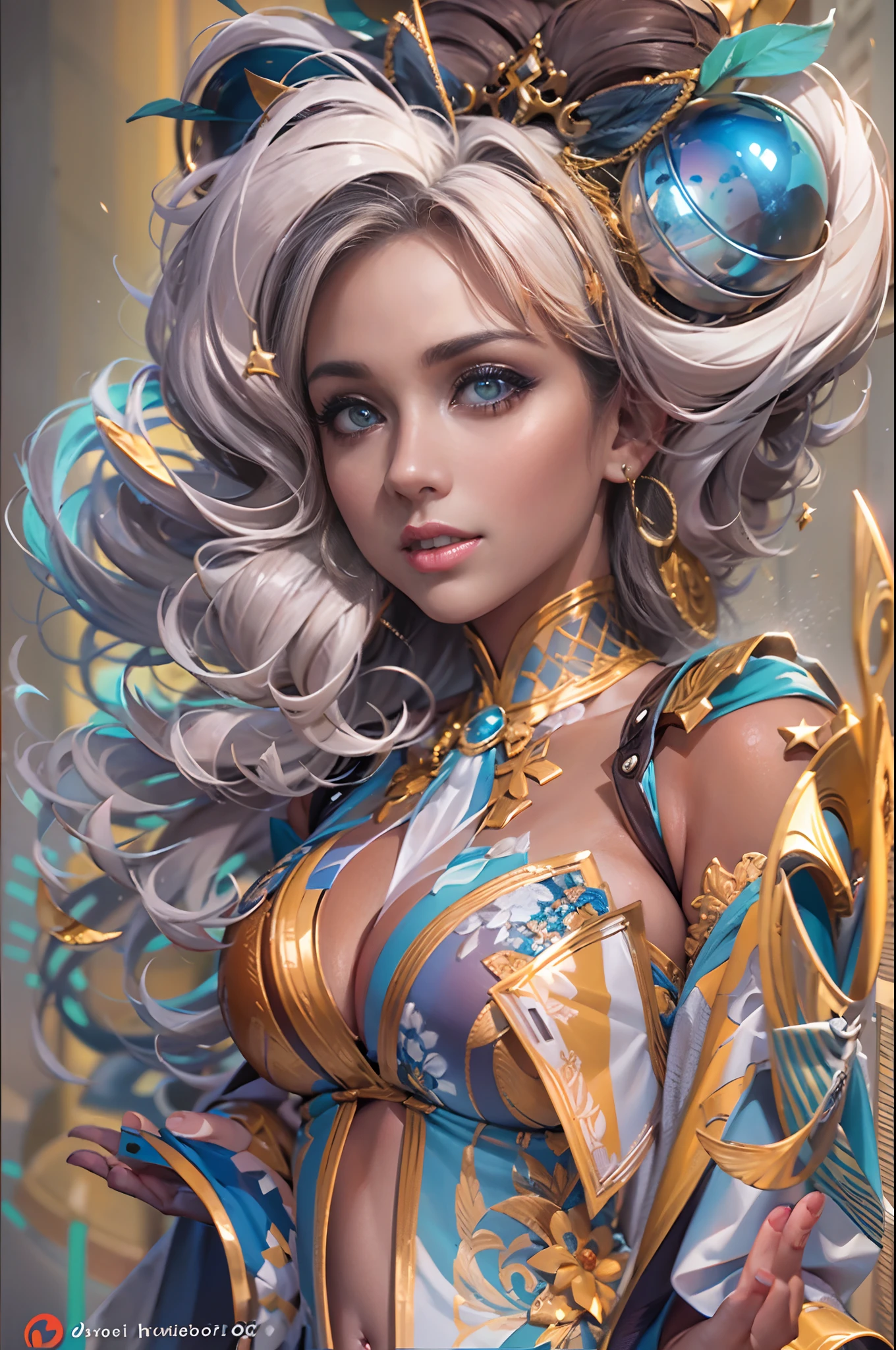 En un mundo virtual, una gran cantidad de datos pasan zumbando en todas direcciones., En el centro de la imagen, una mujer muy hermosa con un peinado colorido y un mono de colores brillantes mira el mundo que la rodea.. (La mejor calidad) obra maestra ((pechos muy grandes)) ((cabello rubio)) (cuerpo delgado)