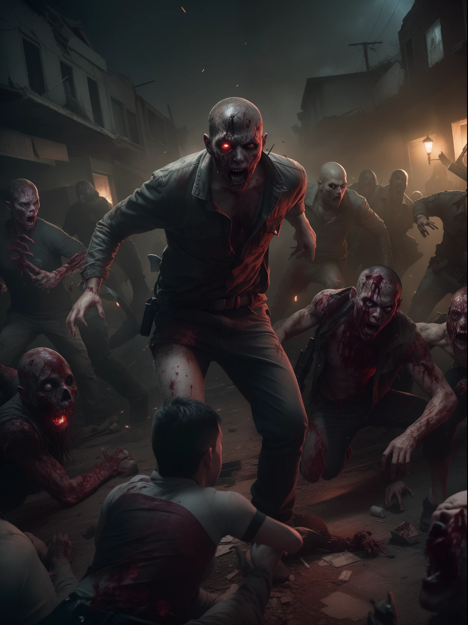 "Apocalyptic scene: Zombies attacking amidst chaos and destruction. Intense action, fear, and survival. High-quality, detailed CG artwork with realistic zombie designs. Dark atmosphere, eerie lighting, and ominous shadows. Dramatic camera angles capturing the intensity of the attack."