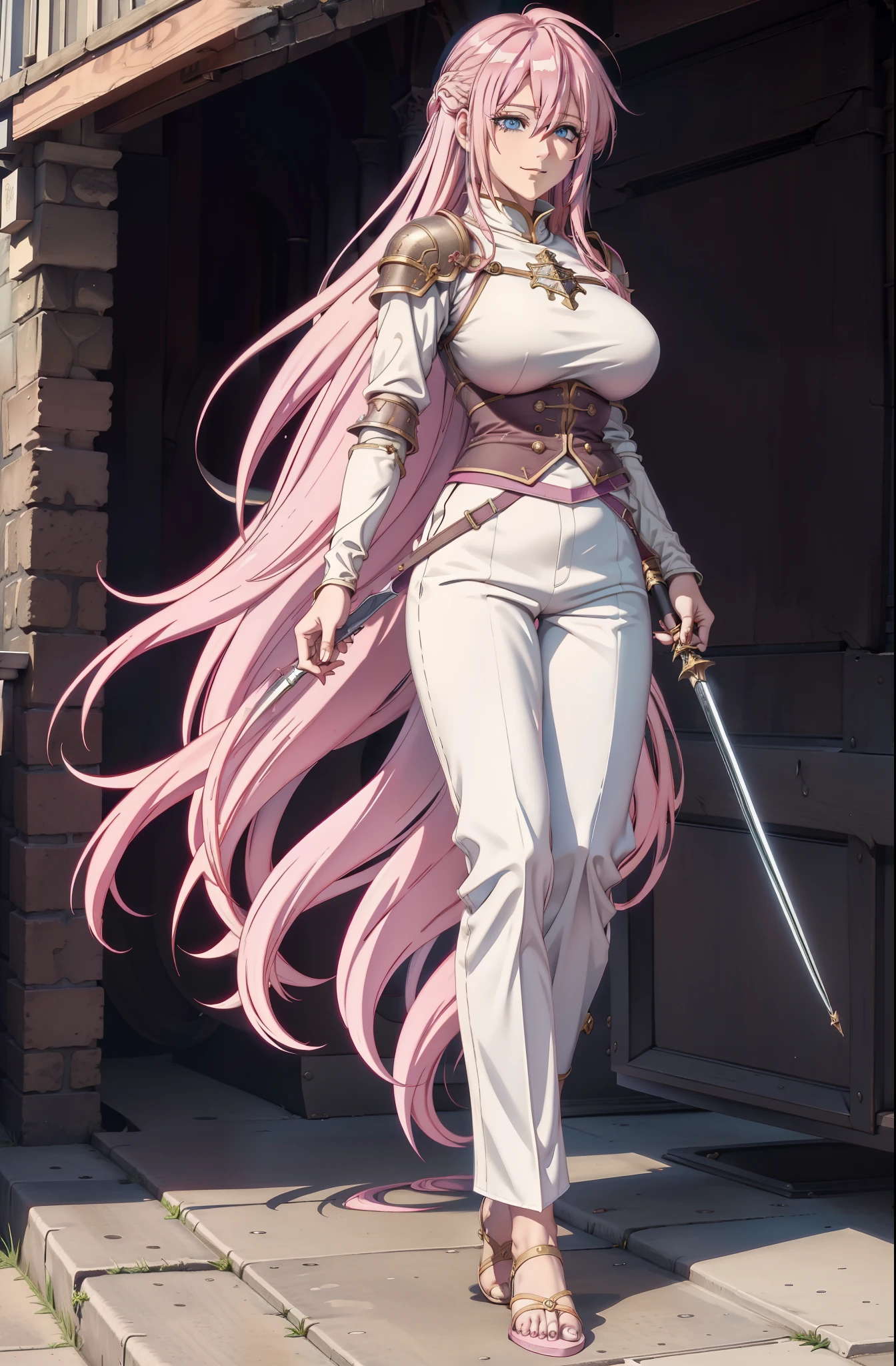 shikimorisan,1girl, pink hair, long hair, blue eyes, hair between eyes, bangs,, smile, walking, knight, warrior, fantasy, rpg, mountain, big breast, holding rapier, flipflops, full body, pants, europe, medieval armor,pants