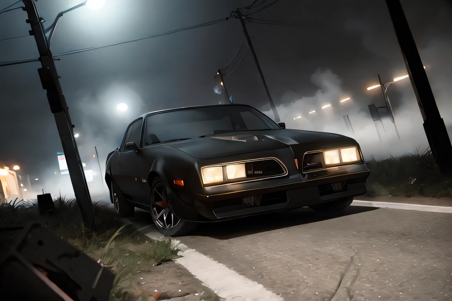 analog gloomy photo of a ((black car, )), (three quarter view), (city streets (at night)), (abandoned buildings), (graffiti), ((nighttime)), horror, midnight, High Detail, Sharp focus, (photorealism), realistic, best quality, 8k, award winning, dramatic lighting, epic, cinematic, masterpiece, rim light, (ambient fog:1.3), volumetric lights:0.5, dutch angle, depth of field,