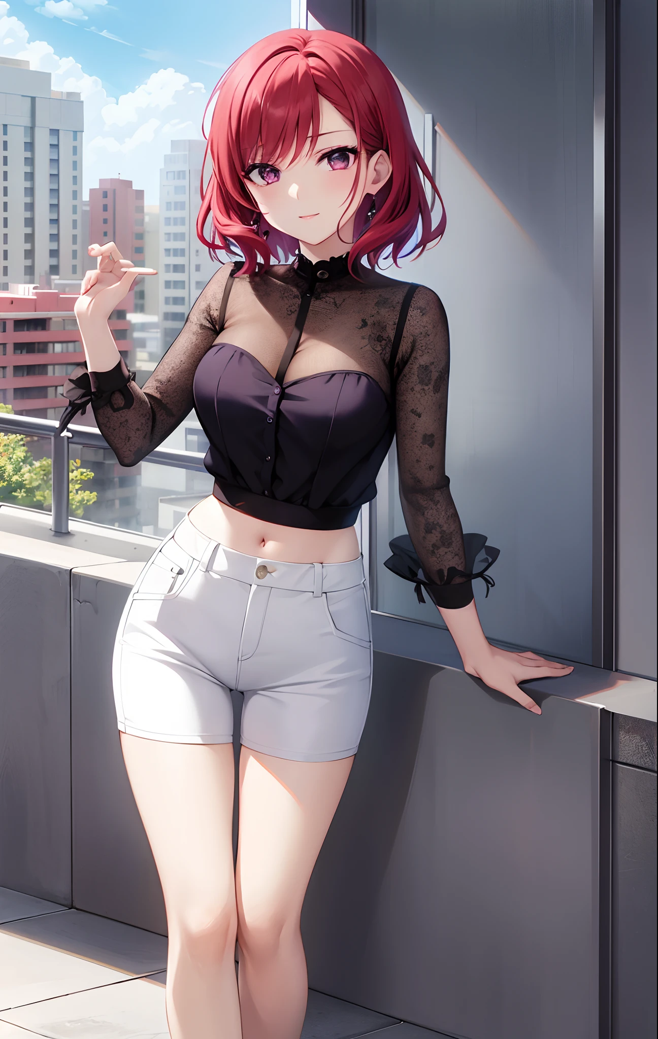 Nishikino maki, Purple eyes,((short red hair)), blouse, white pants, (midriff:0.8)balcony,(lips:0.7), llchar