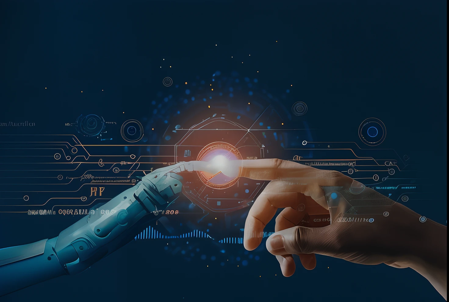 Someone is touching the finger of a robot with a futuristic interface, infinite collaboration with AI, com tema ..ai, Artificial intelligence, strong artificial intelligence, the coming ai singularity, Artificial intelligence!!, IA aprimorada, artificial, ai startup, artificial intelligence gods, artificial intelligence machine, AI produzindo o realista, ...ai, tecnologia do futuro, tecnologia do futuro, Tecnologia, Arte digital aprimorada por IA