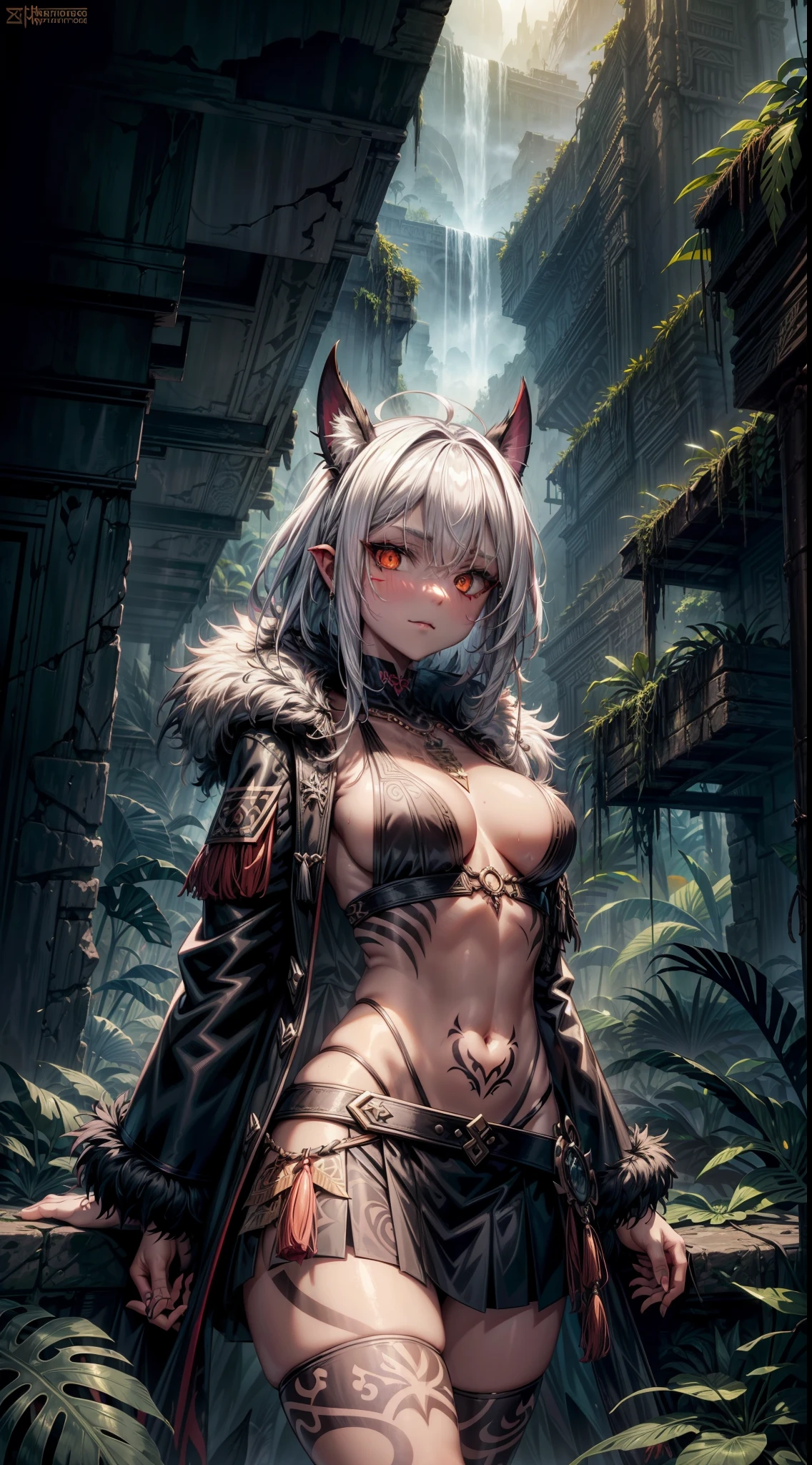 (savage, tribal, jungle)_vampire [white hair|black hair], bat fur, coat, (tribal, jungle)_(clothing, skirt), metallic reflections, rune_tatoo, tropical city ruins fog, 1girl, natural breats, masterpiece, best quality, beautiful and aesthetic:1.2, fractal art:1.4