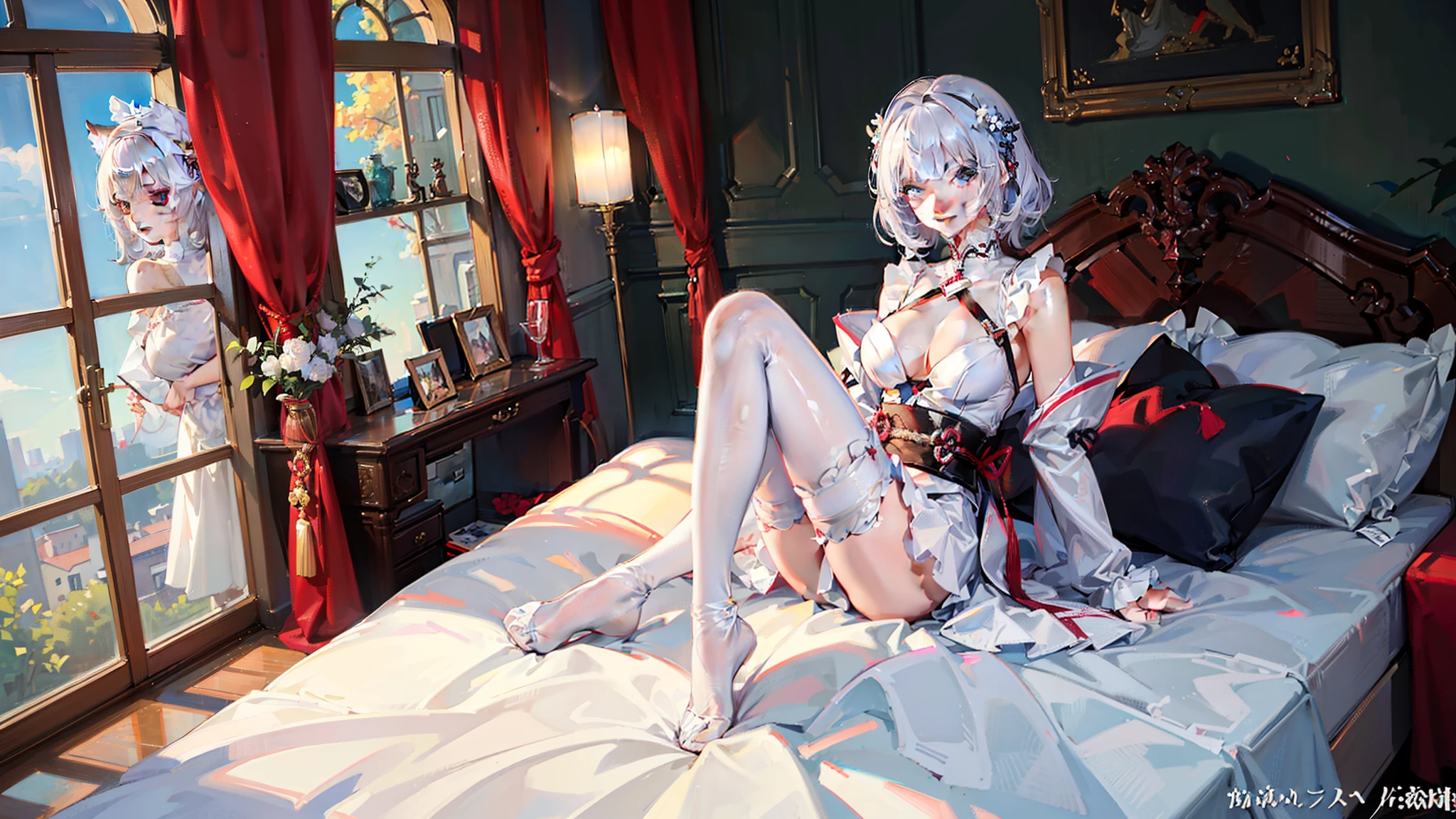 ((top-quality、8K、Manhwa Style:1.4、tmasterpiece,nedium breasts,onbed,Pubic hair shows through,full bodyesbian,Red-faced,is shy,unwear,white stockings,long whitr hair,long leges))、back Lighting、Superskirt、Beautiful Japanese woman、18yr old、、with short white hair、Ultra-delicate skin、Beautiful production