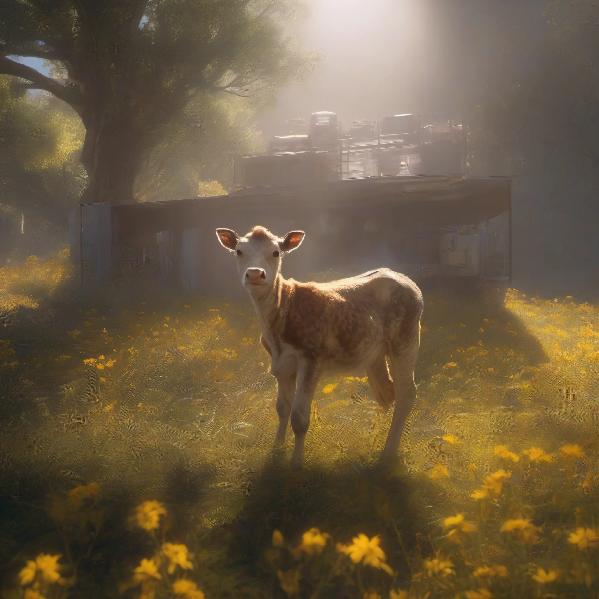Ibiza with her calf in the meadow, full body, smiling, surrounded by flowers of different colors, wearing a birthday hat, sunbeams between the tree branches, yellow butterflies flying in the background, dust specks, low light, focus sharp, light emitting diodes, smoke, artillery, sparks, racks, system unit, motherboard, by pascal blanche rutkowski repin artstation hyperrealism concept art character design detailed matte painting, 4k resolution people blade runner