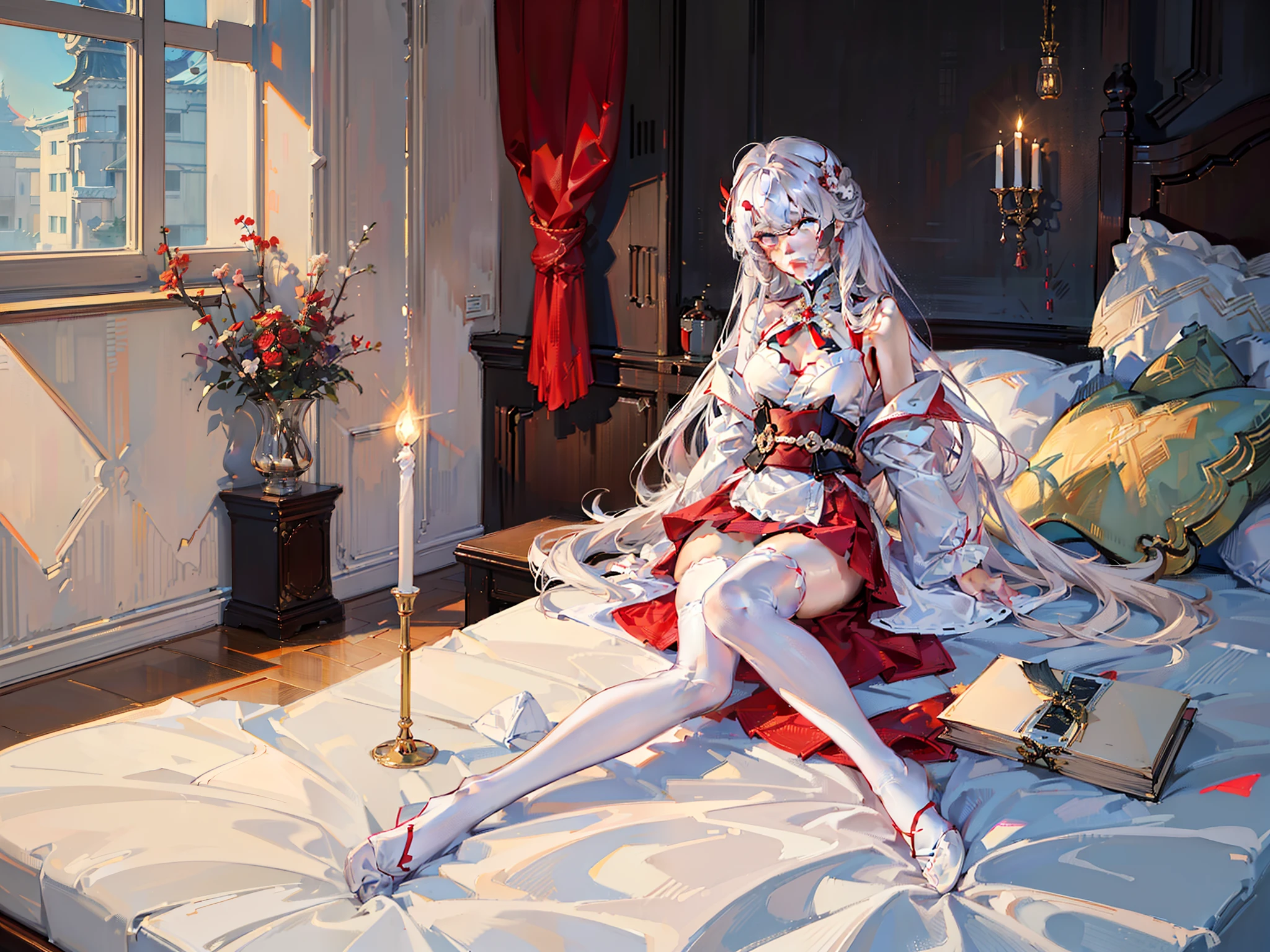 Flanders Scarlet in a combat pose, masutepiece, Fine detail, 4K, 8K, 12K, Solo, Solo, Beautiful Girl, caucasian female, Flandre Scarlet, floating, western building, Indoors, on the beds, Teddy Bear , Rose petals, Blood, Night