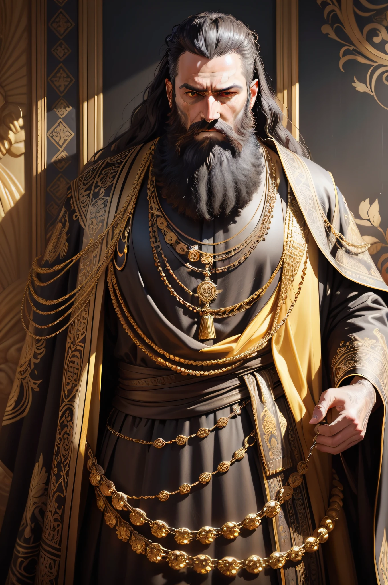 a painting of a bearded man in a beaded robe with a chain, in the style of detailed hyperrealism, dark yellow and dark gray, baroque opulence, hieratic visionary, wadim kashin, detailed character illustrations, illusionary paintings