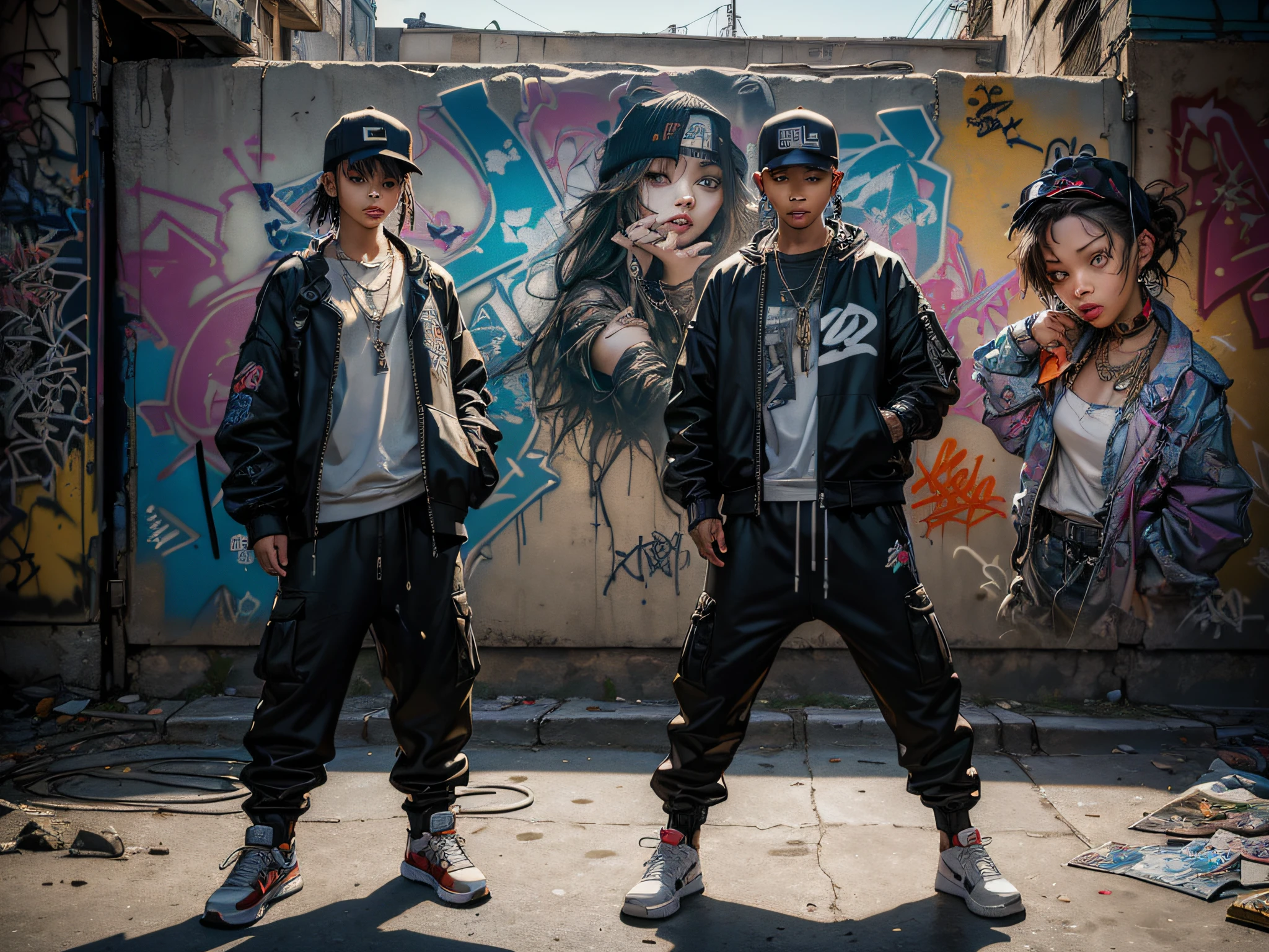(masterpiece), (best quality), (full hd), boys and girls dancing HipHop dressed in various ways with cargo pants, baggy clothes, sneakers, cap, jacket, necklace, chains, ((next to the graffitied wall with a device loudspeaker on the floor playing music in a relaxed atmosphere)) extremely detailed image with rich background